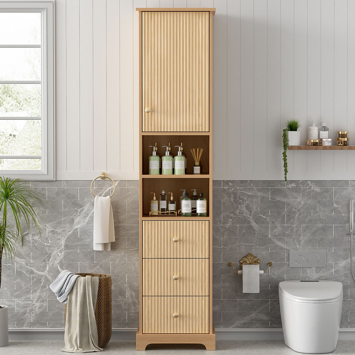 Tall Bathroom Cabinet With 1 Door, 3 Drawers, Open Storage - Wood