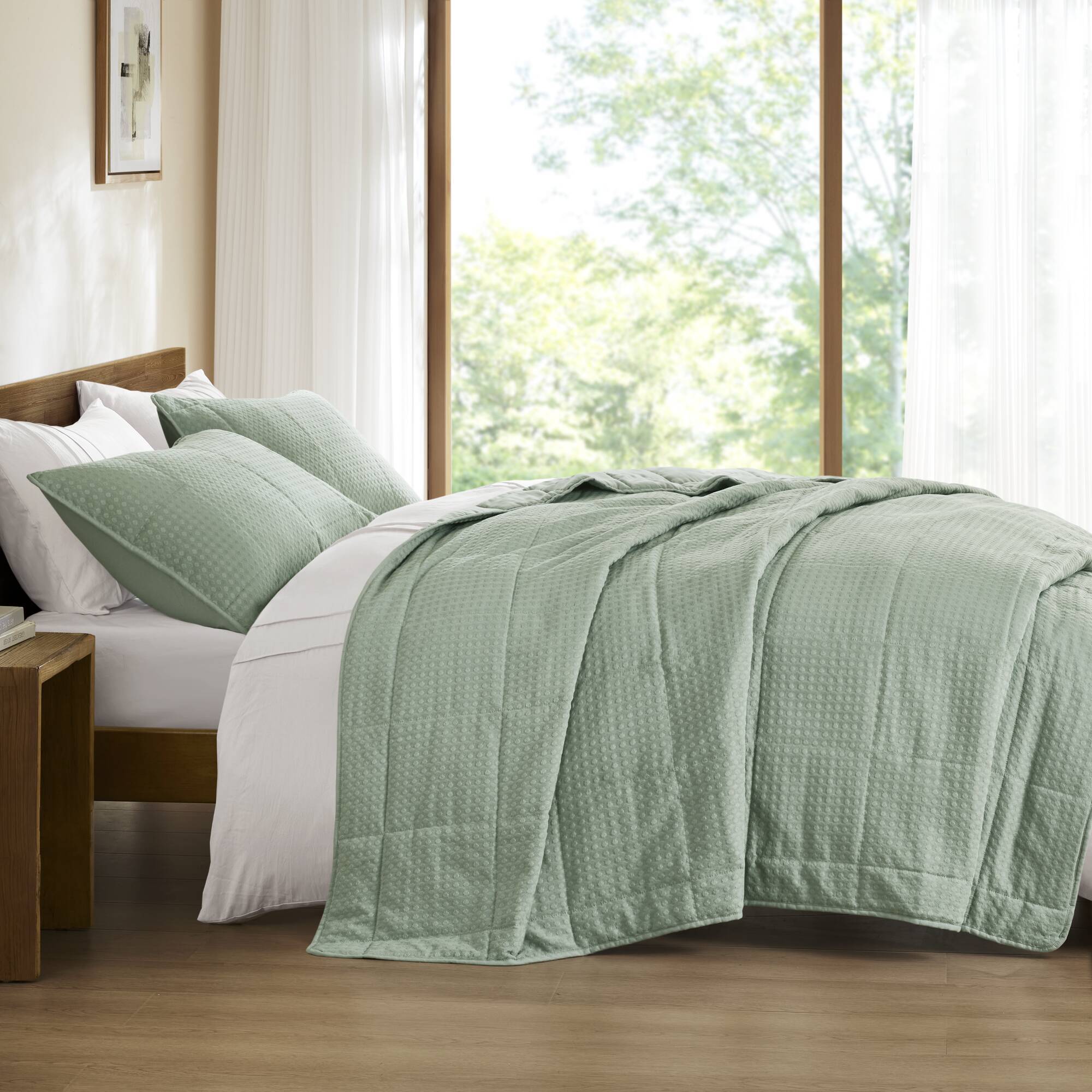 Mina - King/California King Waffle Weave Textured Quilt Set - Green