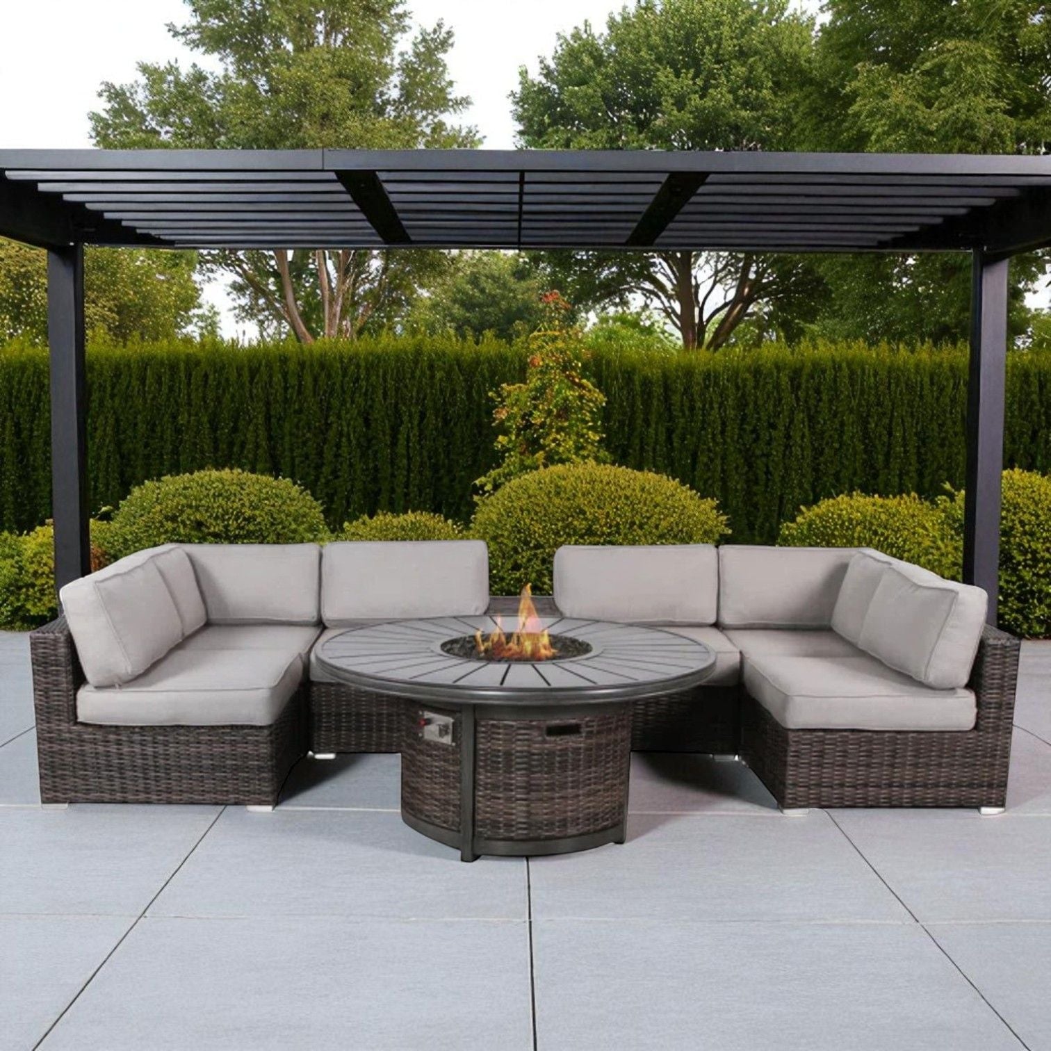 Rattan Patio Set With Comfortable Cushions And Fire Pit