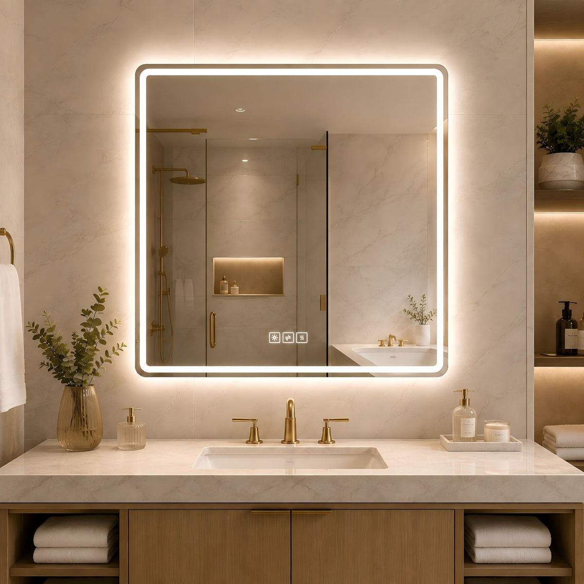 36 X 36 LED Bathroom Mirror With Dimmable Frosted Light Band, 3 Color Temperatures, Anti Fog, Memory & Auto Off - Silver