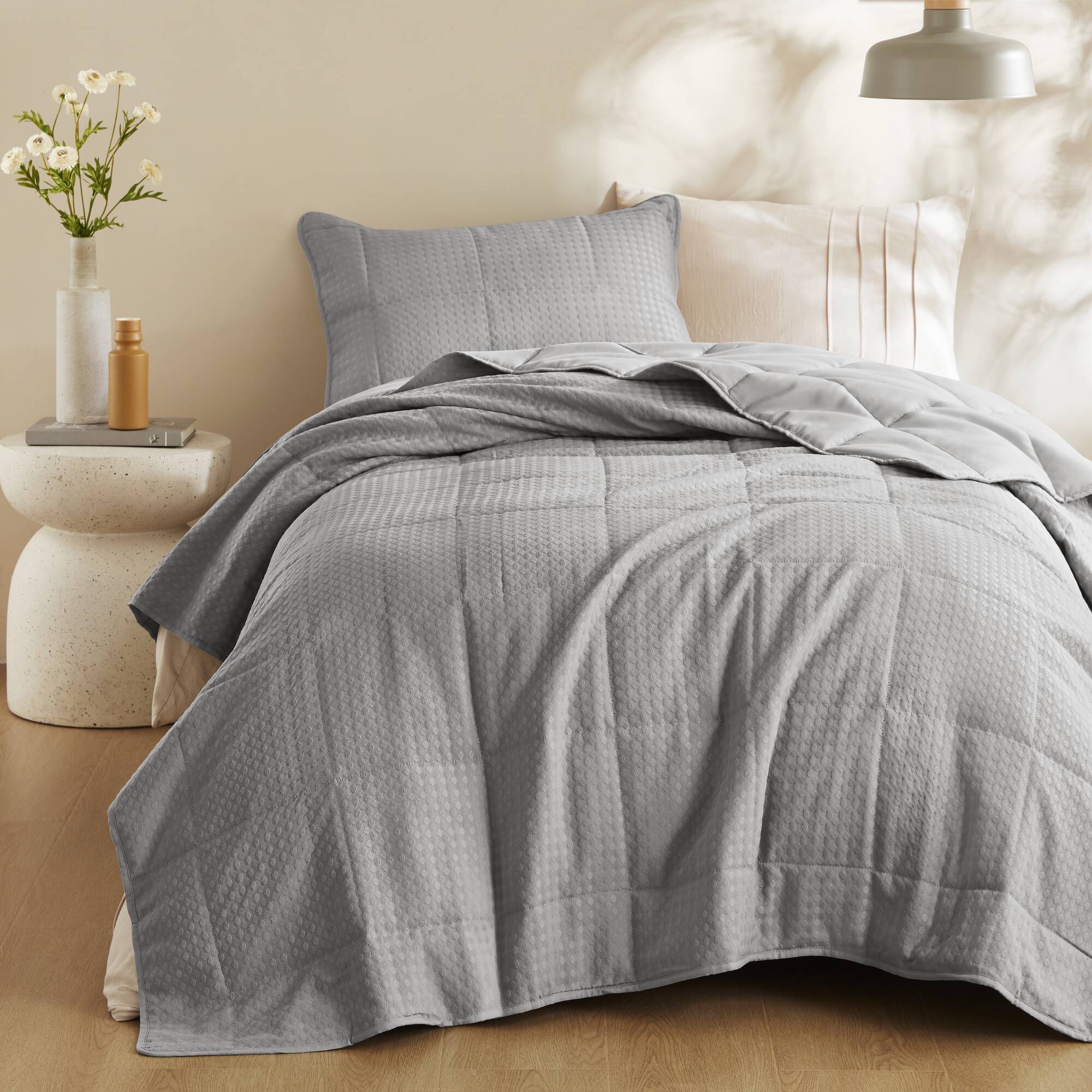 Mina - Twin/Twin Long Waffle Weave Textured Quilt Set - Gray