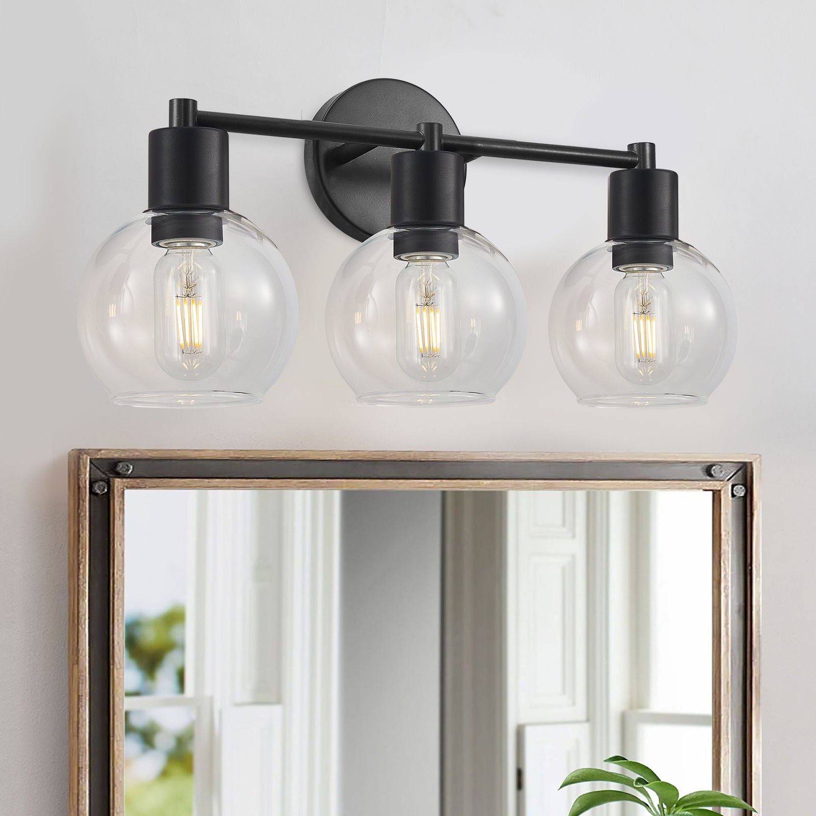 3 Light Globe Bathroom Vanity Light With Clear Glass Shades - Black