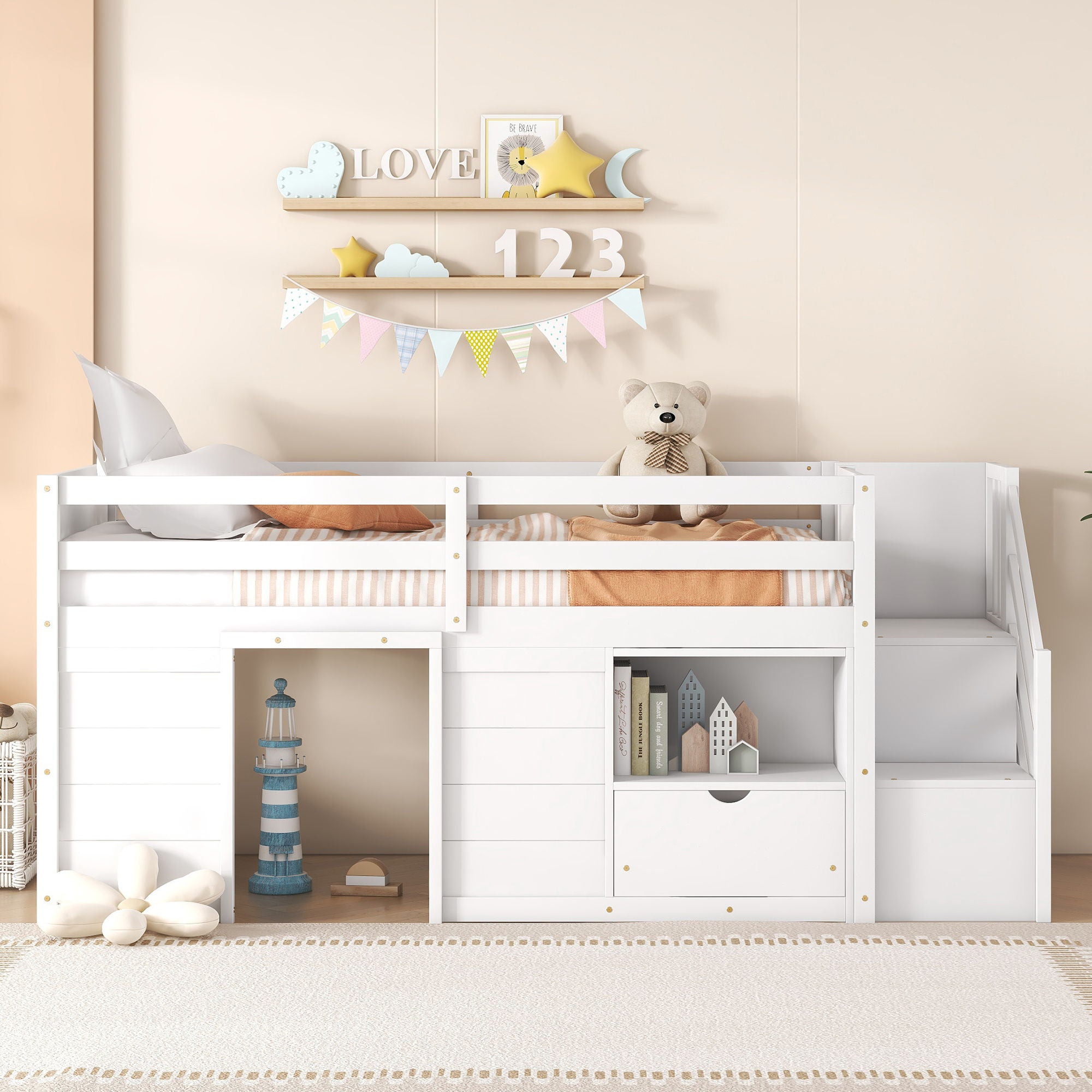 Low Loft Bed With Stair, Drawer, And Shelf