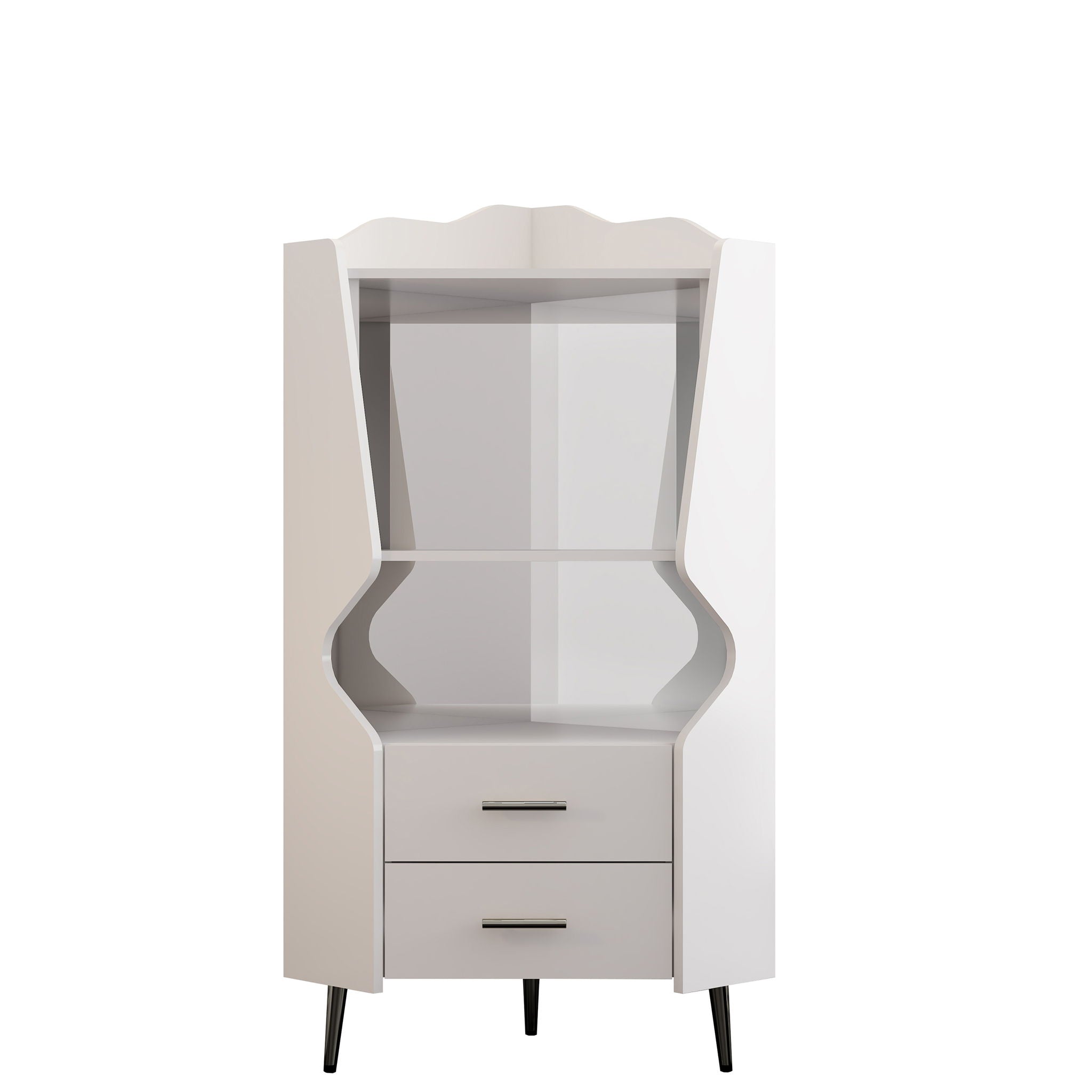 Corner Bar Cabinet With Mirrored Back, 2 Open Shelves & 2 Drawers, High Legs For Easy Cleaning