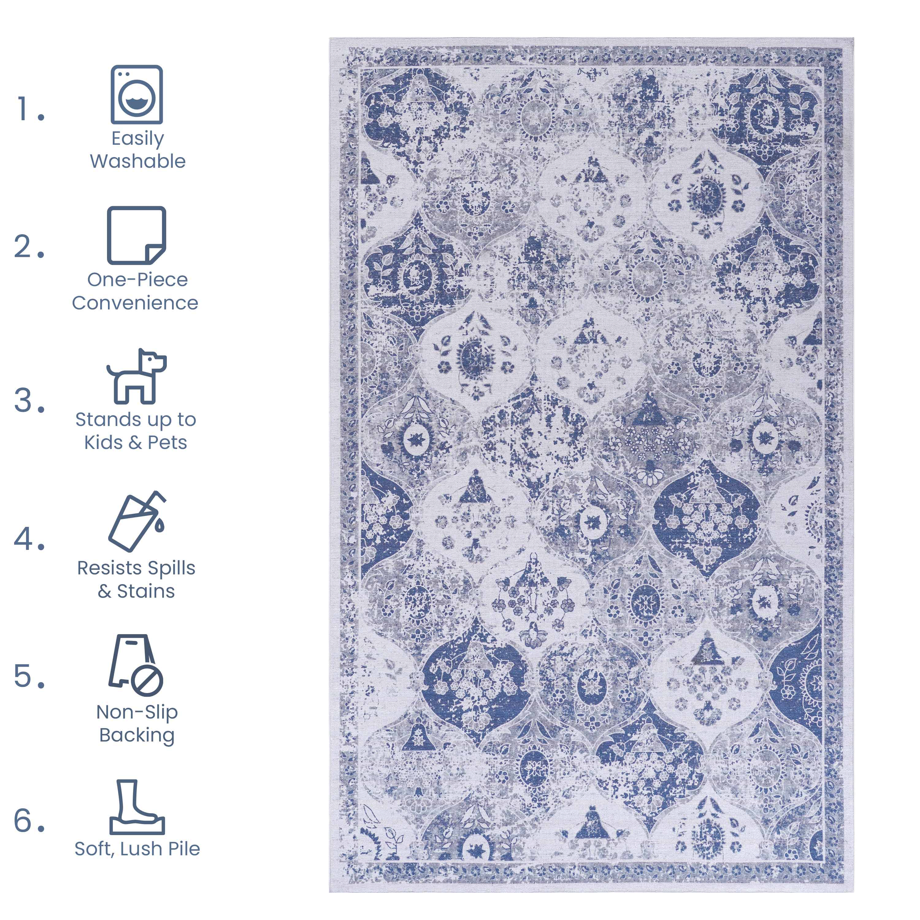 Naar Area Rugs 8x10 for Bedroom, Washable Rug, Low-Pile, Non-Slip, Non-Shedding, Foldable, Kid&Pet Friendly - Area Rugs for living room, bedroom, kitchen, dining room, Blue Area Rug - (Blue, 8' x 10')