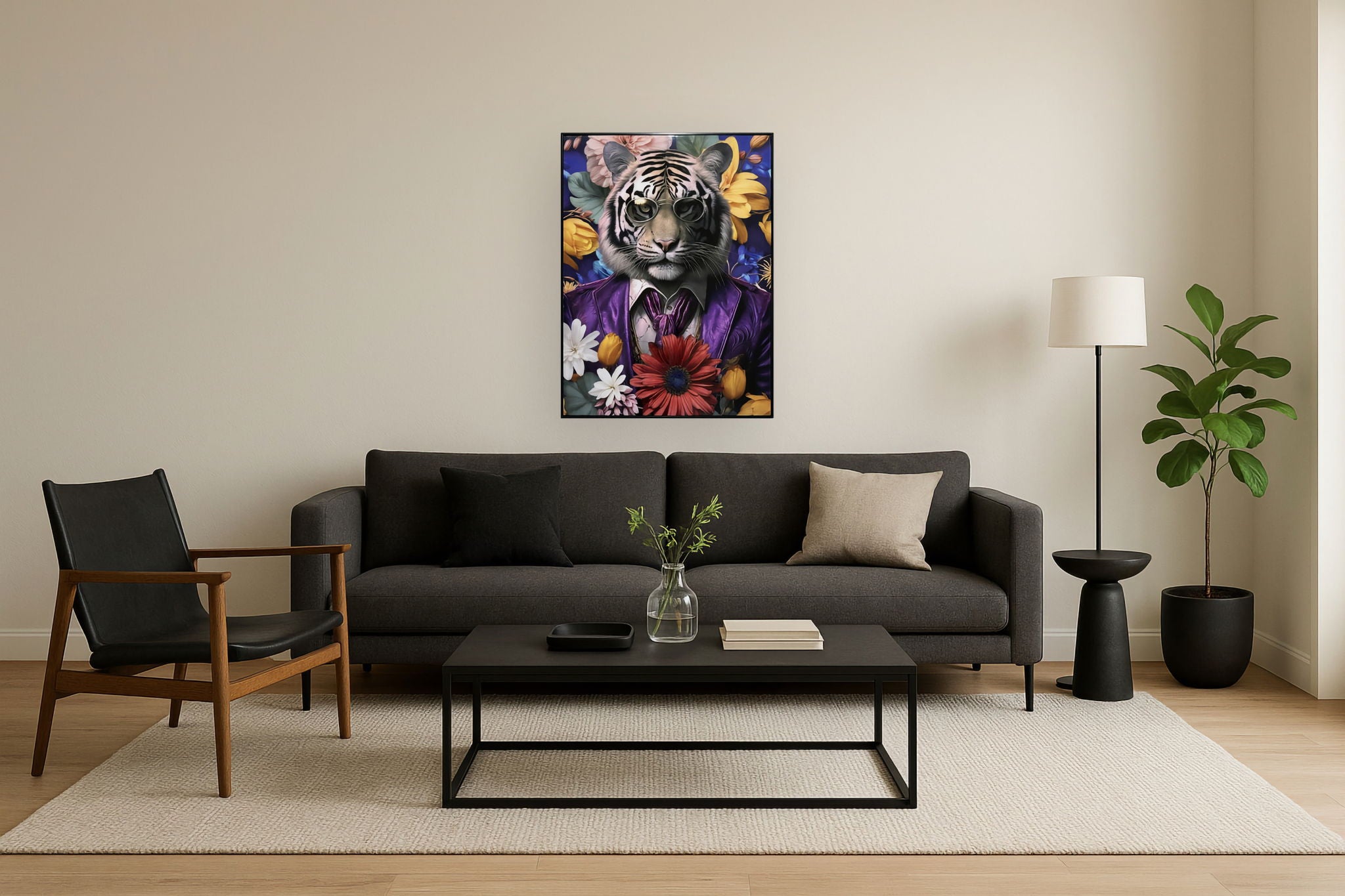 Dapper Tiger Blooms - 30" x 40" Framed Wall Art - Purple