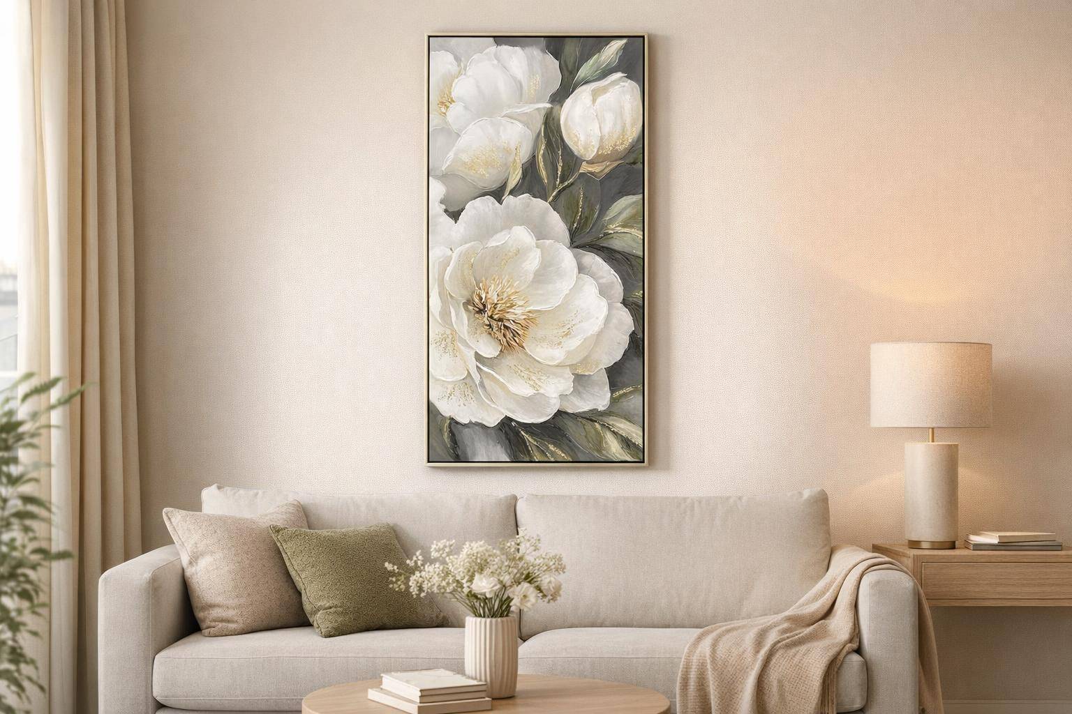 Gold Peony I Hand-Embellished Canvas In Frame - White / Olive