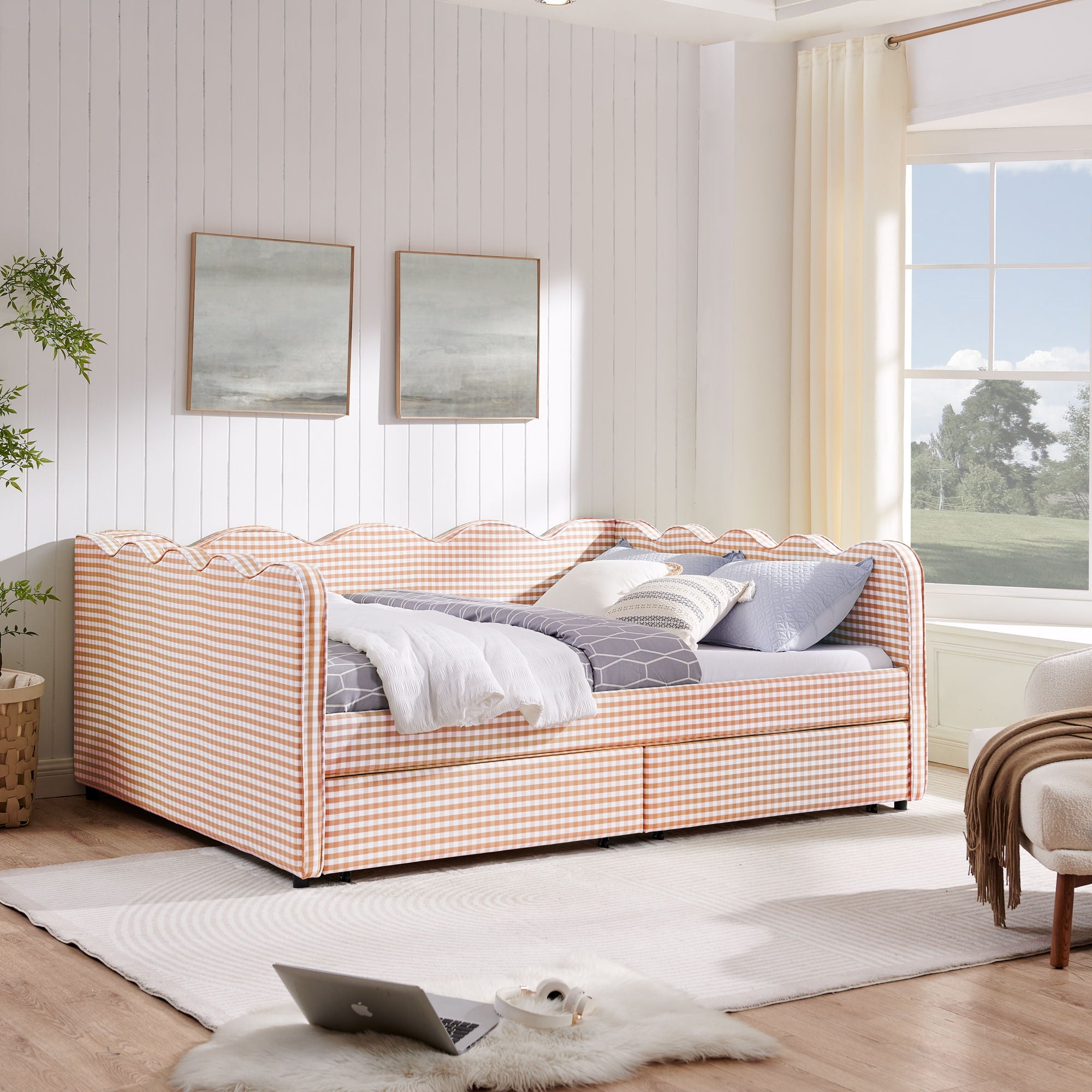 Gingham Daybed & USB Charging Port, Wave Shaped Design