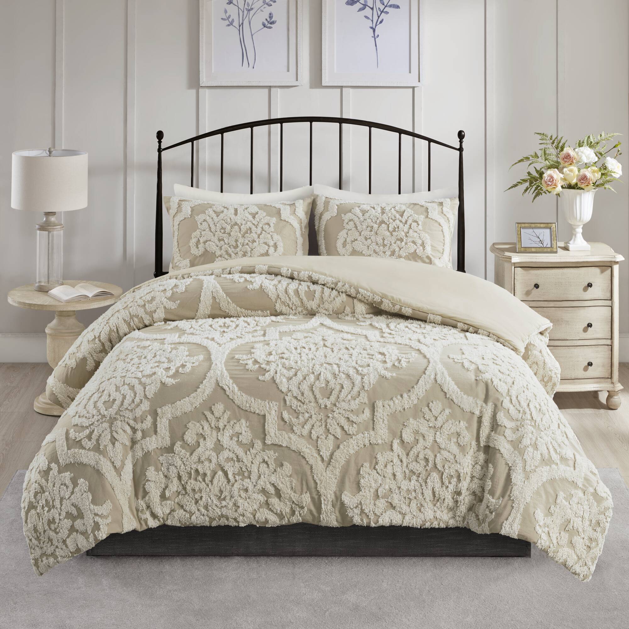 Viola - 3 Piece Tufted Damask Comforter Set - Taupe