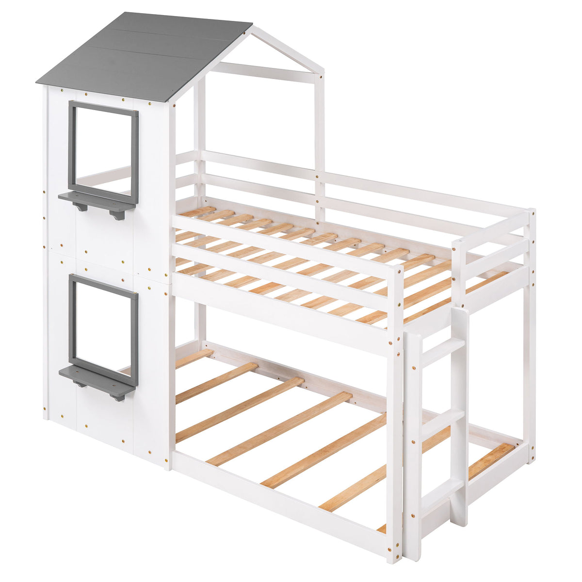 Bunk Bed Wood Bed & Roof, Window, Guardrail, Ladder