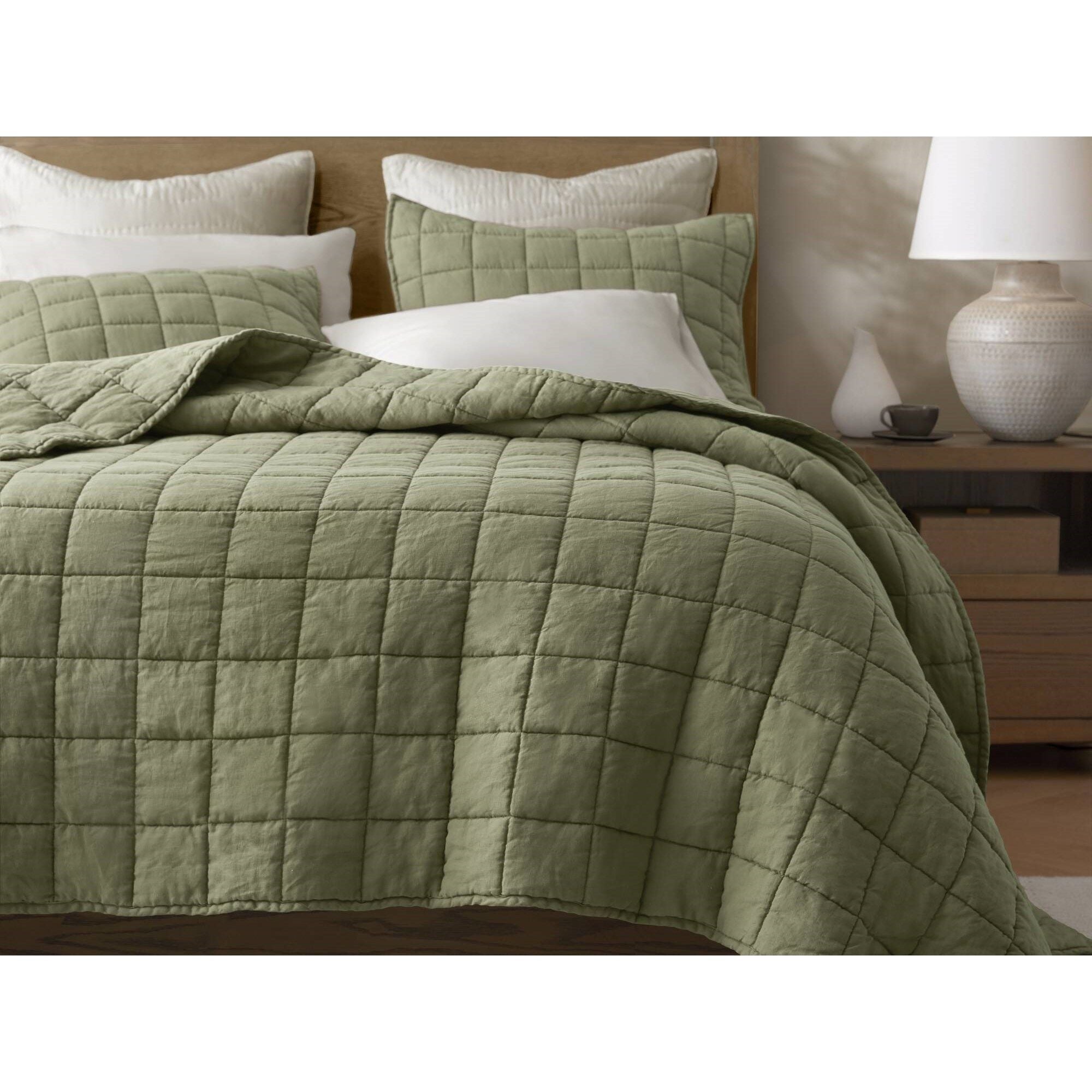 French Flax - Full/Queen Linen Garment Washed Quilt Set - Olive Green