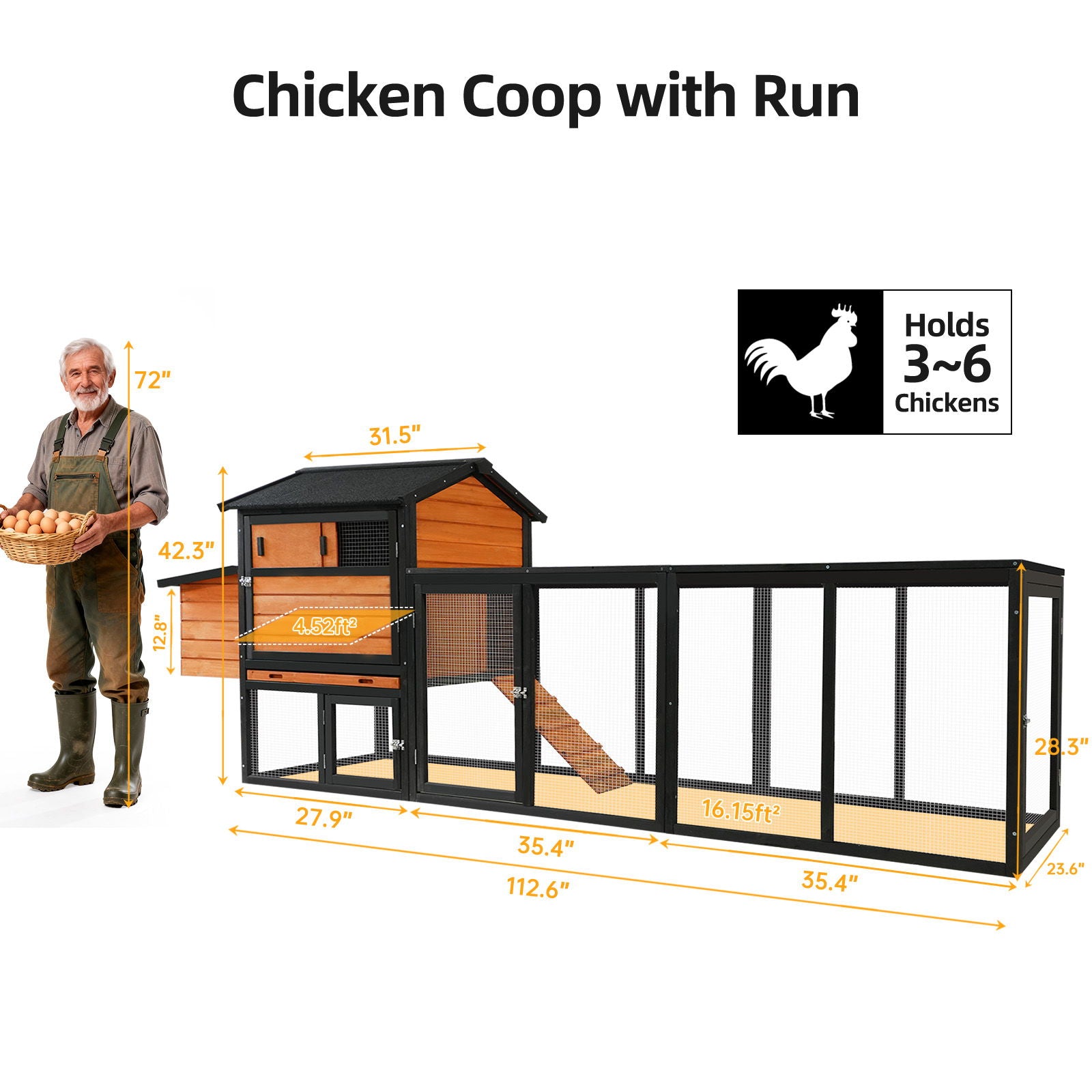 Chicken Coop, Large Outdoor Hen House With Run And Nesting Box Poultry Cage