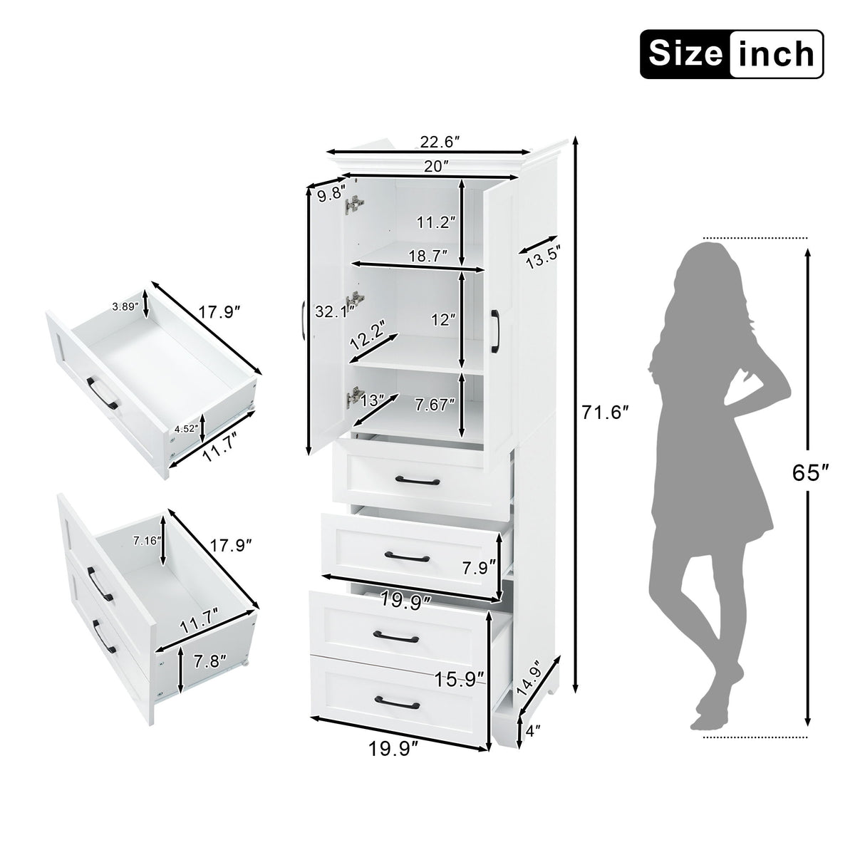 Bathroom Vanity With 2 Damping Hinge Doors, 3 Drawers, Adjustable Shelves - White