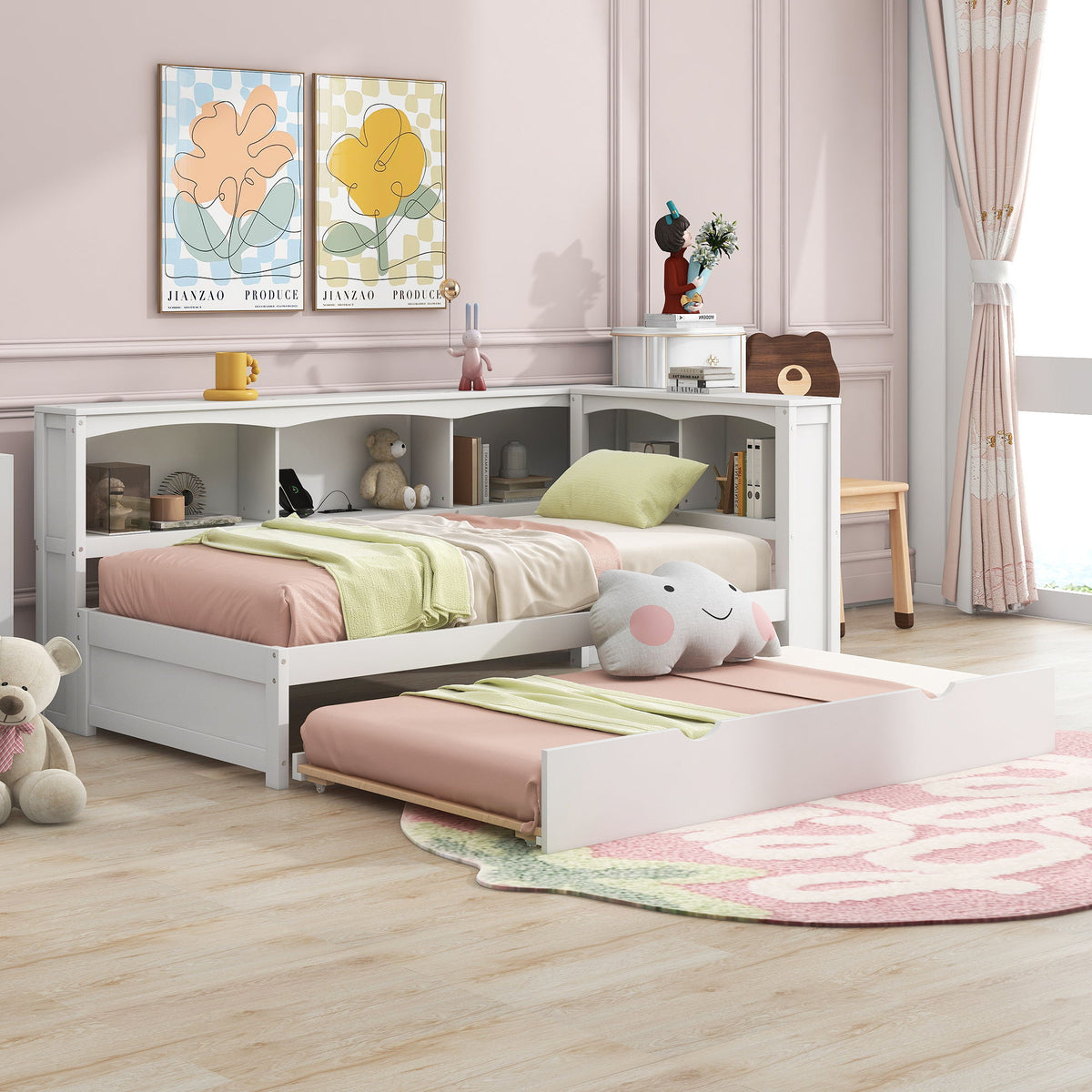 Twin Size Daybed With Trundle, Storage Cabinets, USB Ports - White