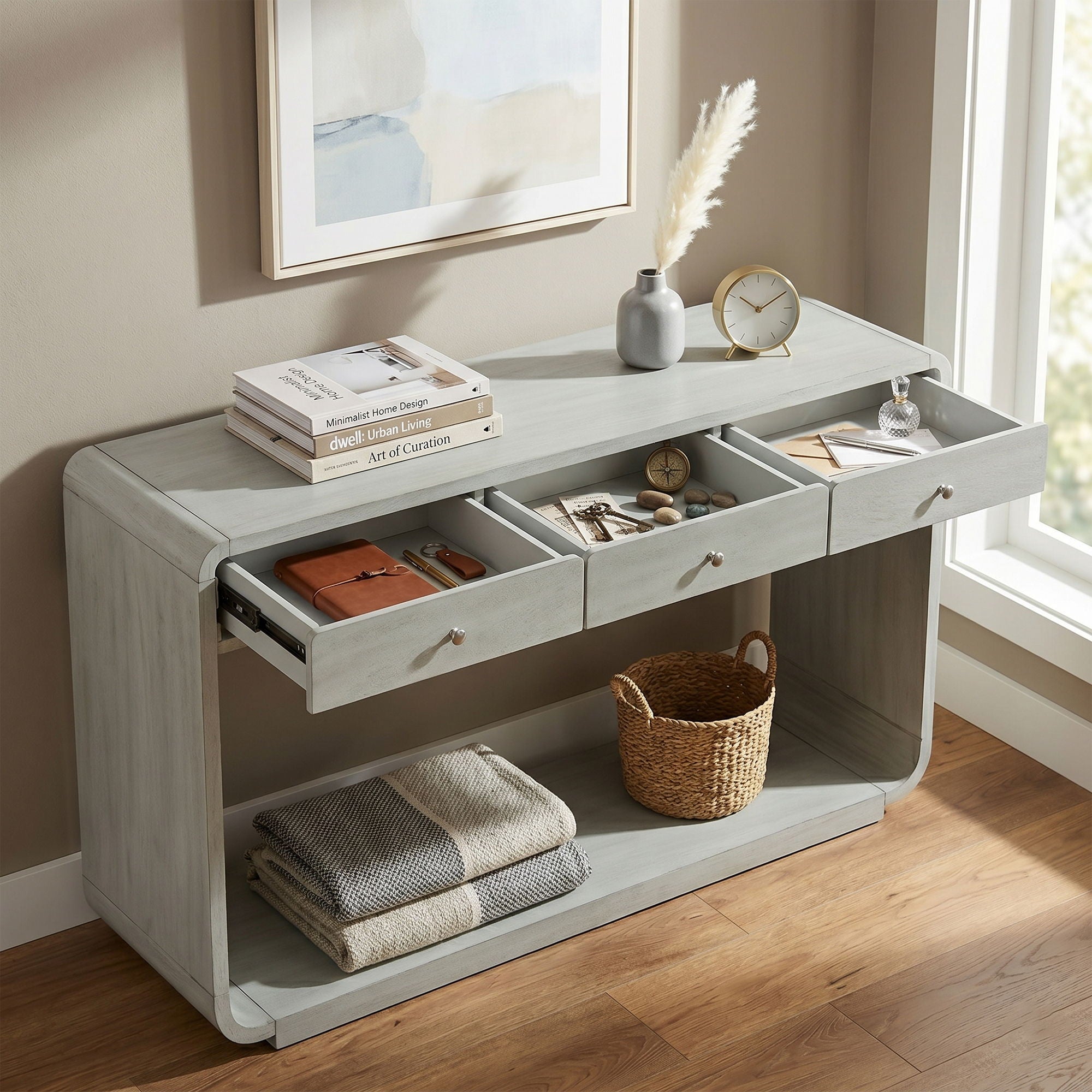 onsole Table With 3 Drawers And Display Shelf