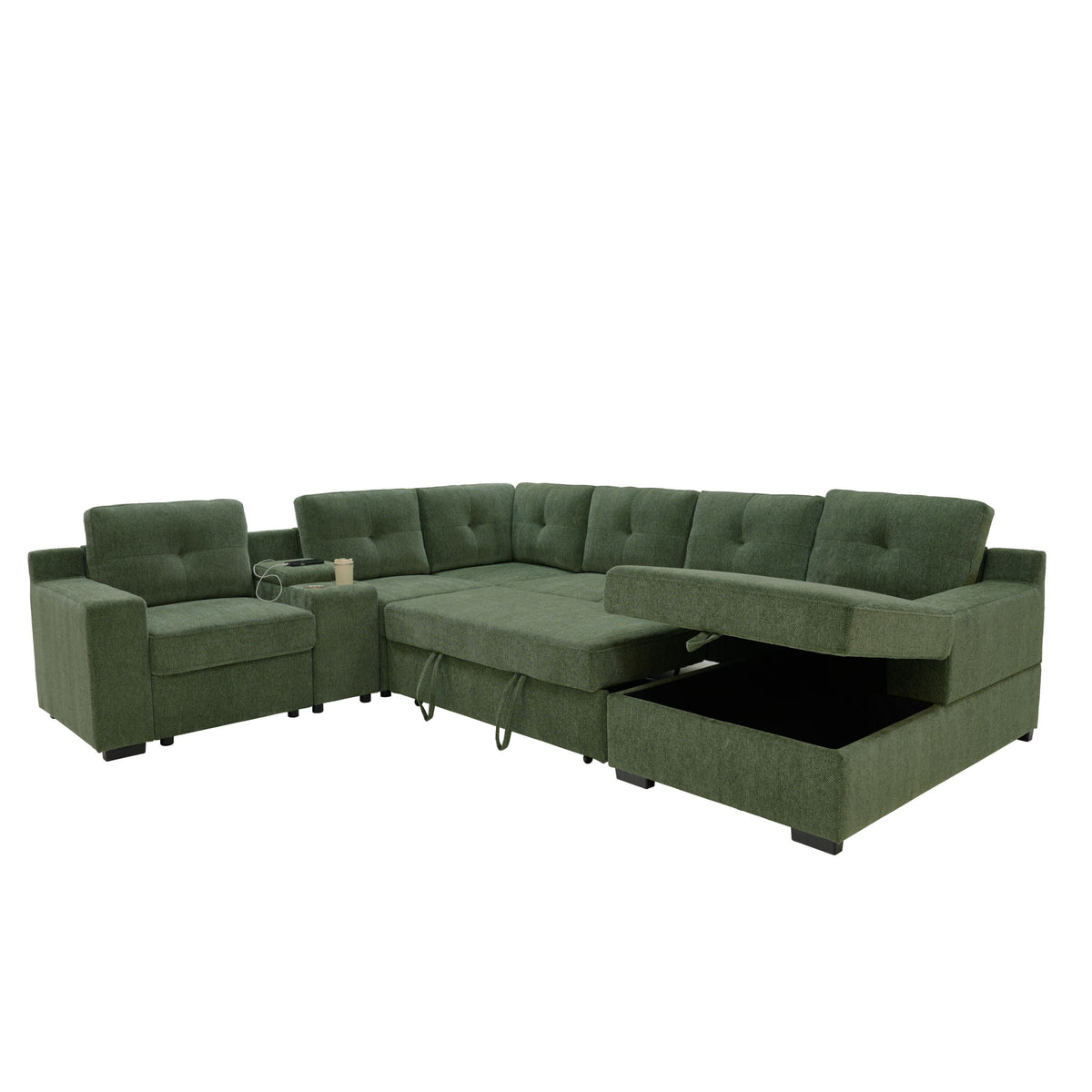 U - Shape Sectional Pull Out Bed With Console, Storage, And USB Charging