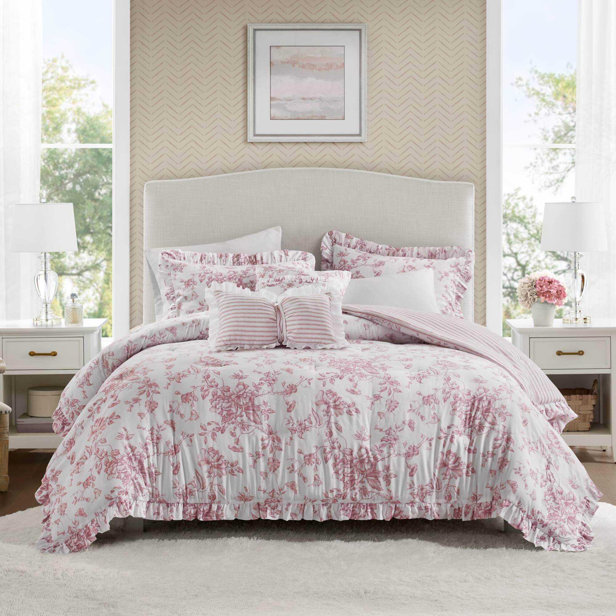 Adele - Full/Queen 5 Pieces Comforter Set With Decorative Pillows - Pink