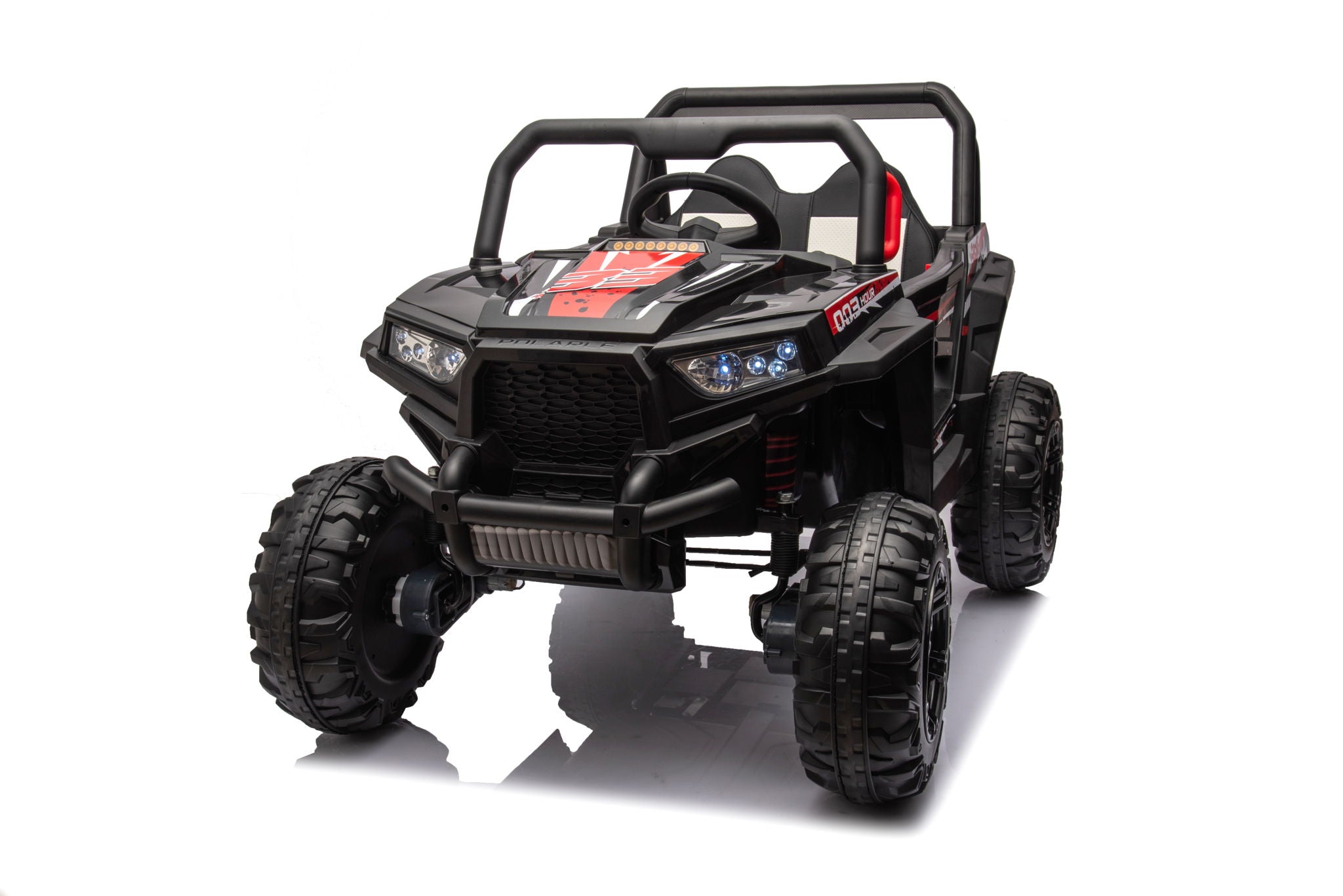 12V7A*1 30W*4 Four-Wheel Drive Seat One Button Start, Forward And Backward, High And Low Speed, Music, Front Light, Power Display, Two Doors Can Open, 2.4G R / C, Seat Belt Four Wheel Absorber