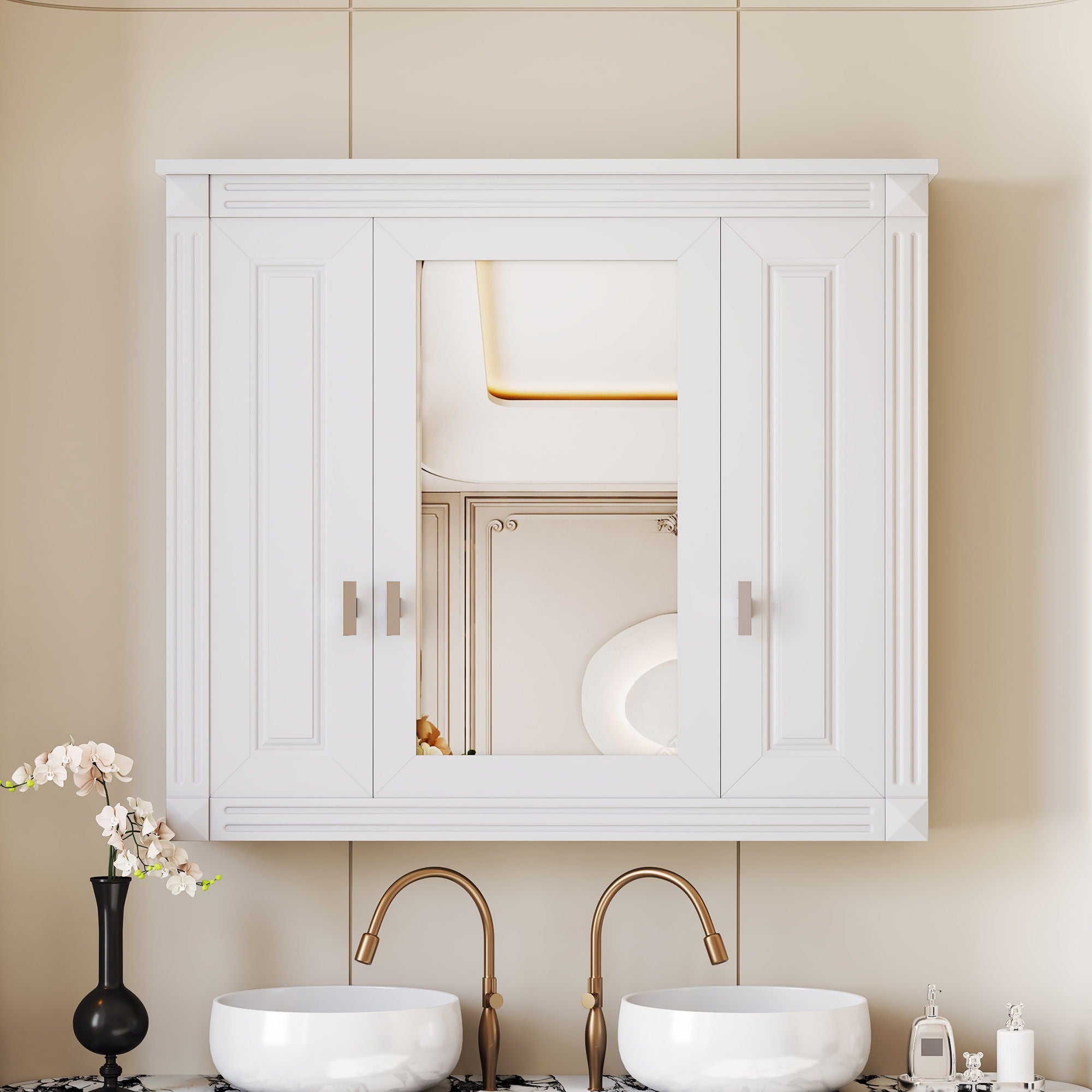 Wall Mounted Bathroom Cabinet With Mirror And 5 Shelves, Rectangular Design