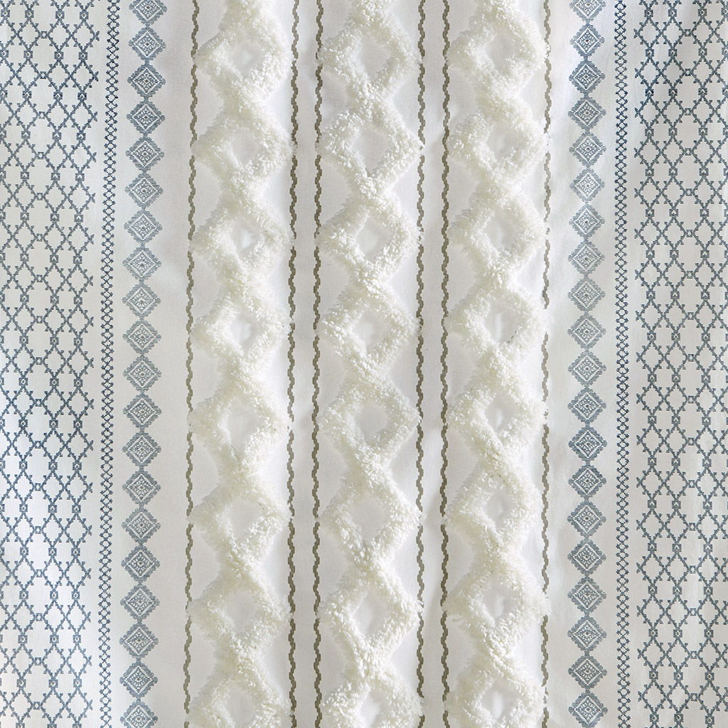 Imani - 50x108" Printed Curtain Panel With Stripe And Lining - White / Navy