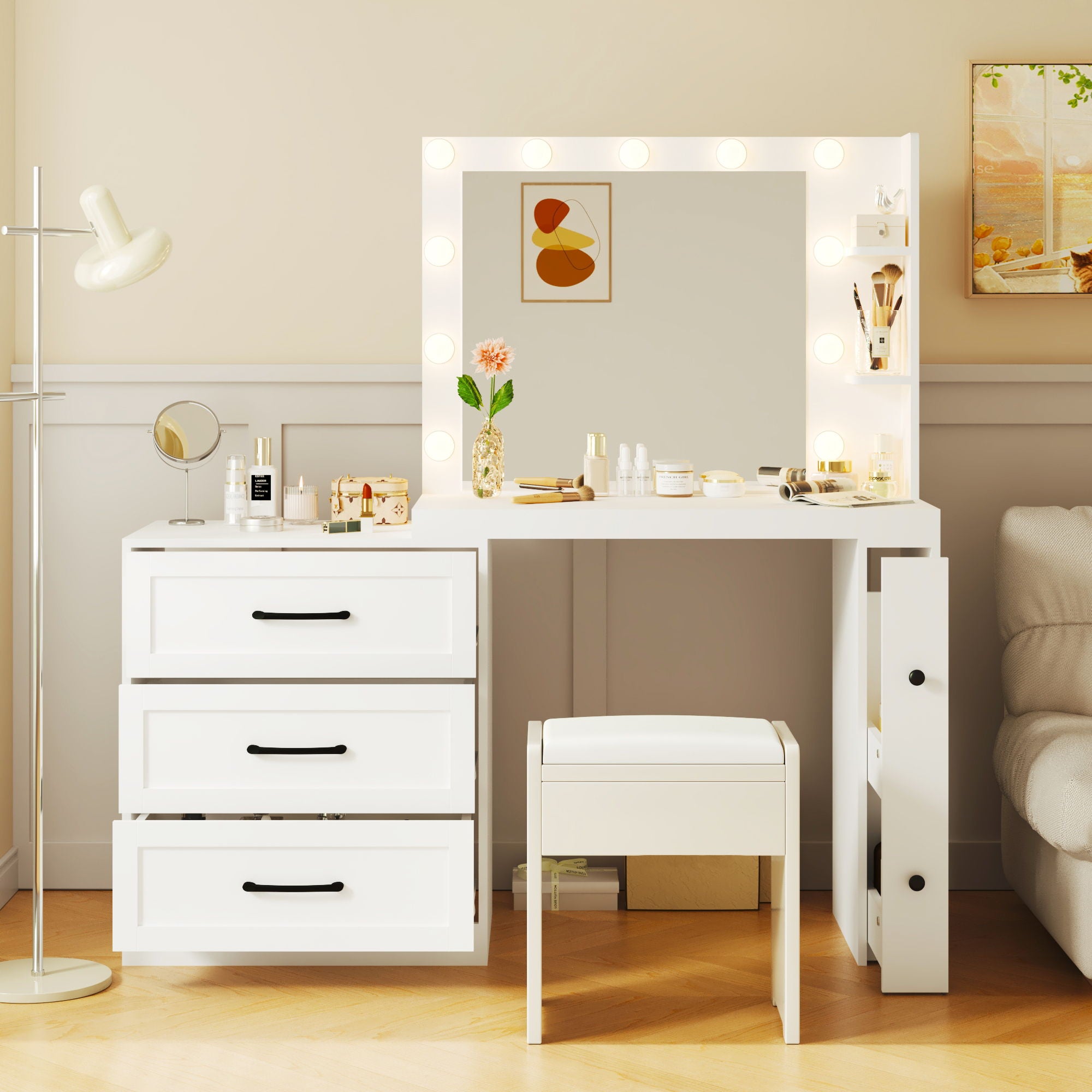 Vanity Desk With Freely Adjustable Side Cabinet, Makeup Vanity With Hollywood Lights, 5 Storage Drawers & 2-Shelves, Modern Dressing Table - White
