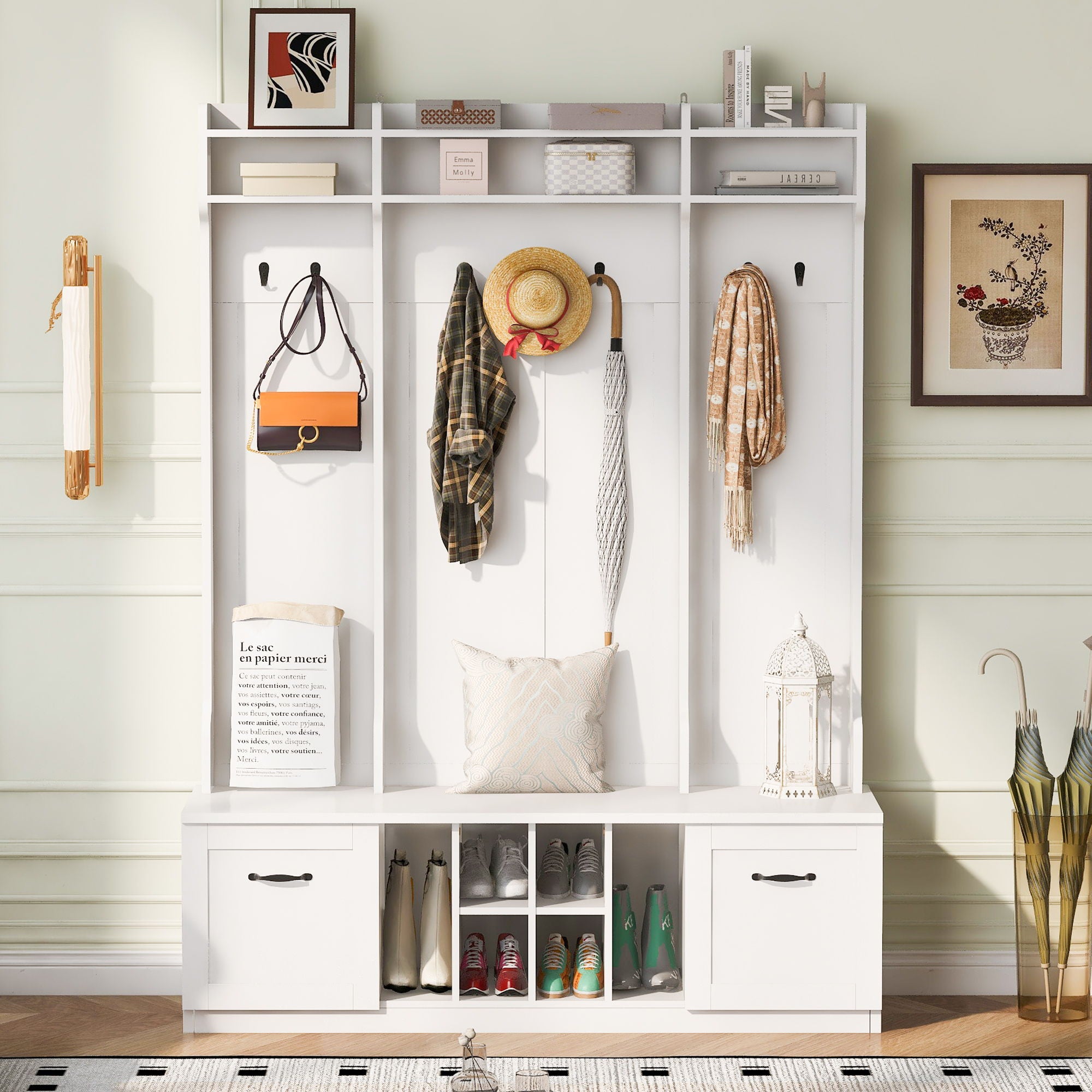 5 In 1 Entryway Bench With Coat Rack, 7 Sturdy Hooks, 2 Spacious Drawers And Adjustable Shelves