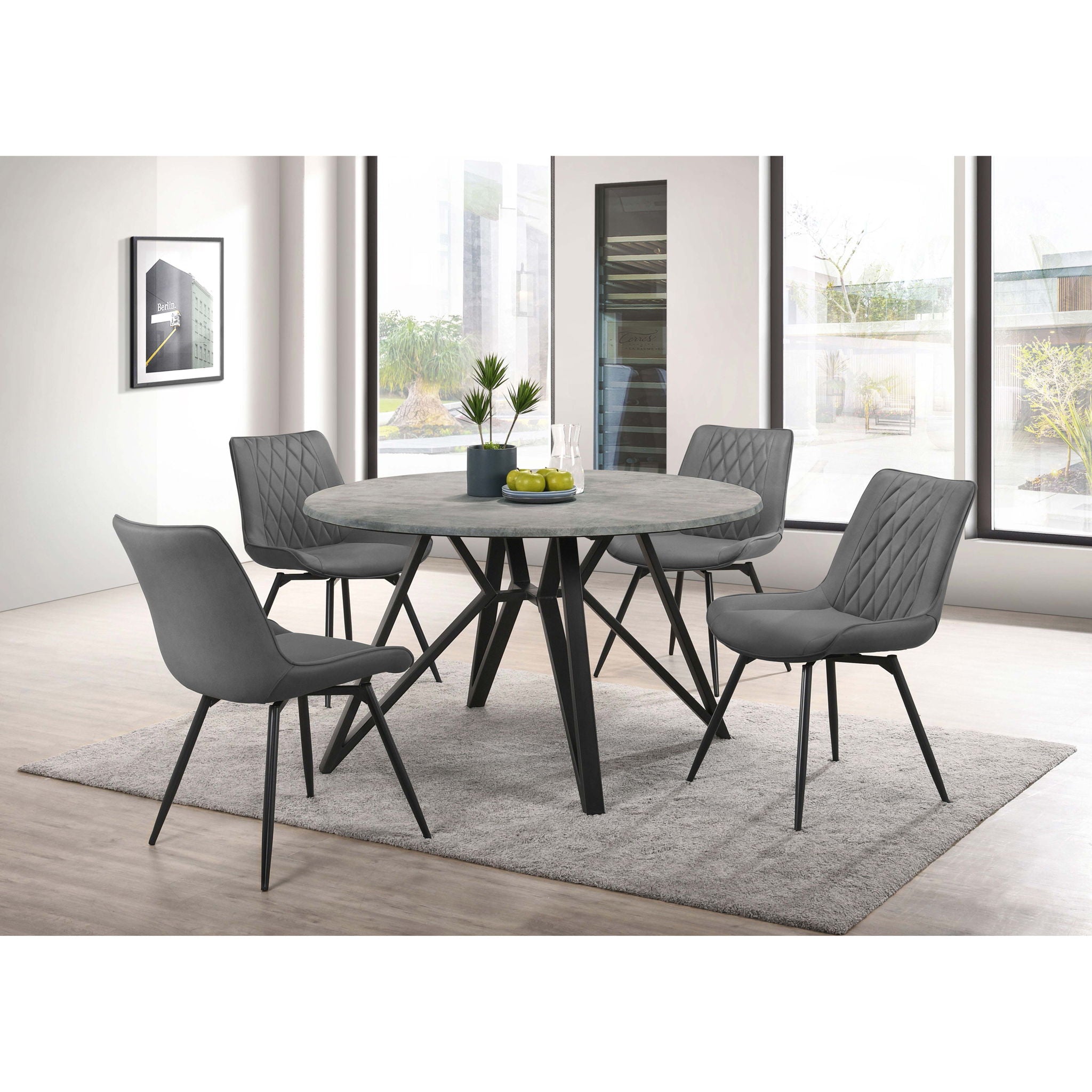 Vellux - 5 Piece Round Dining Table Set With Concrete Top Upholstered Chairs - Gunmetal
