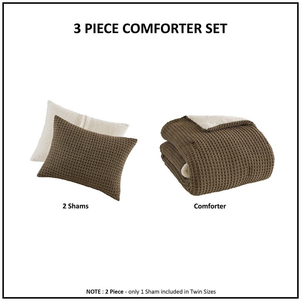 Riordan - 3 Piece Full/Queen Waffle Knit Comforter Set - Brown