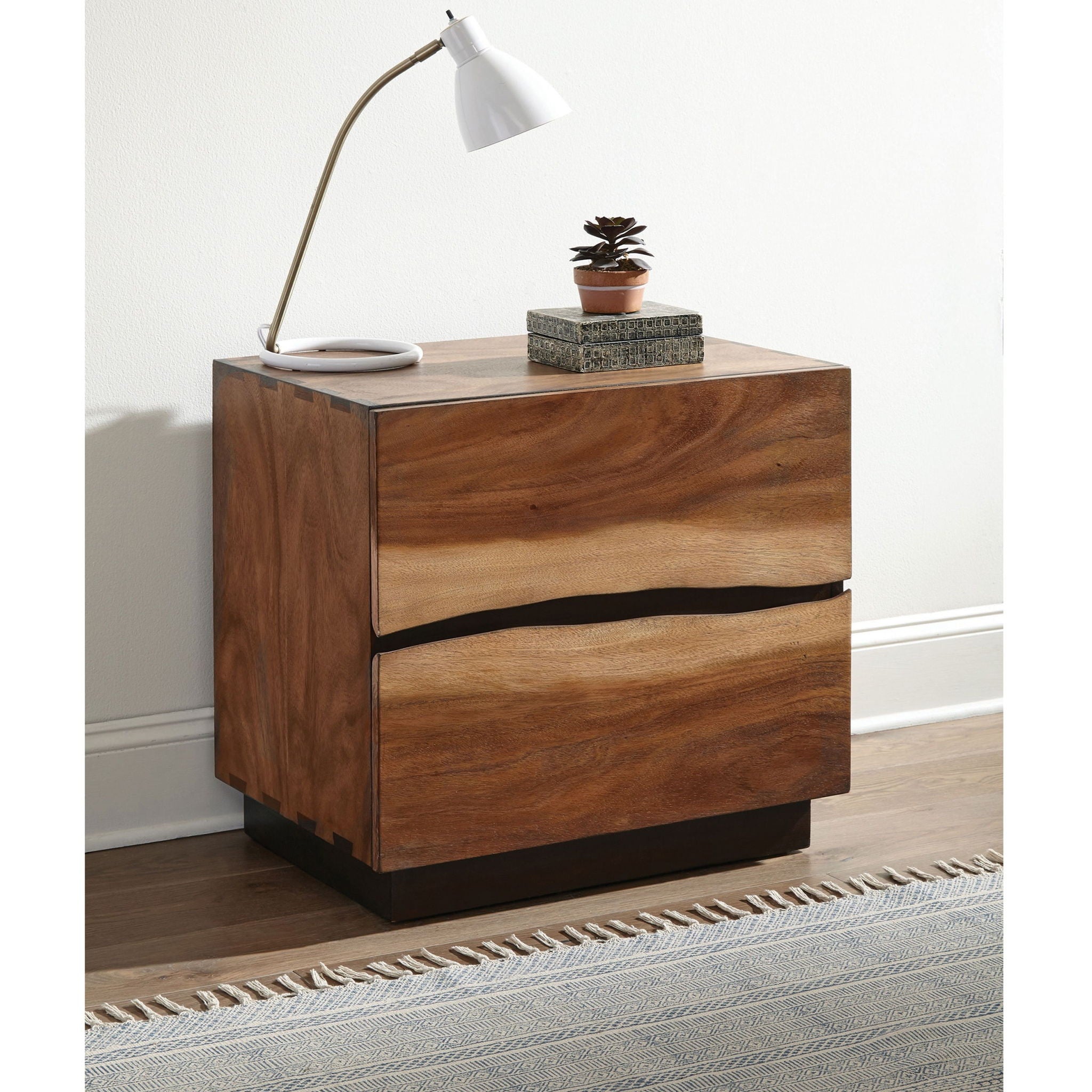 Wooden 2 Drawer Nightstand With Smokey And Asymmetrical Design - Walnut