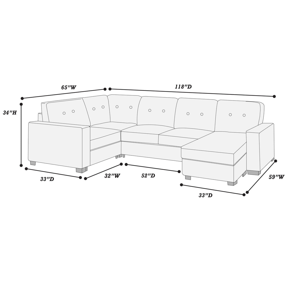 U - Sectional Sofa Upholstered LAF / RAF Chaise With Armless Loveseat And Chairs - Light Brown