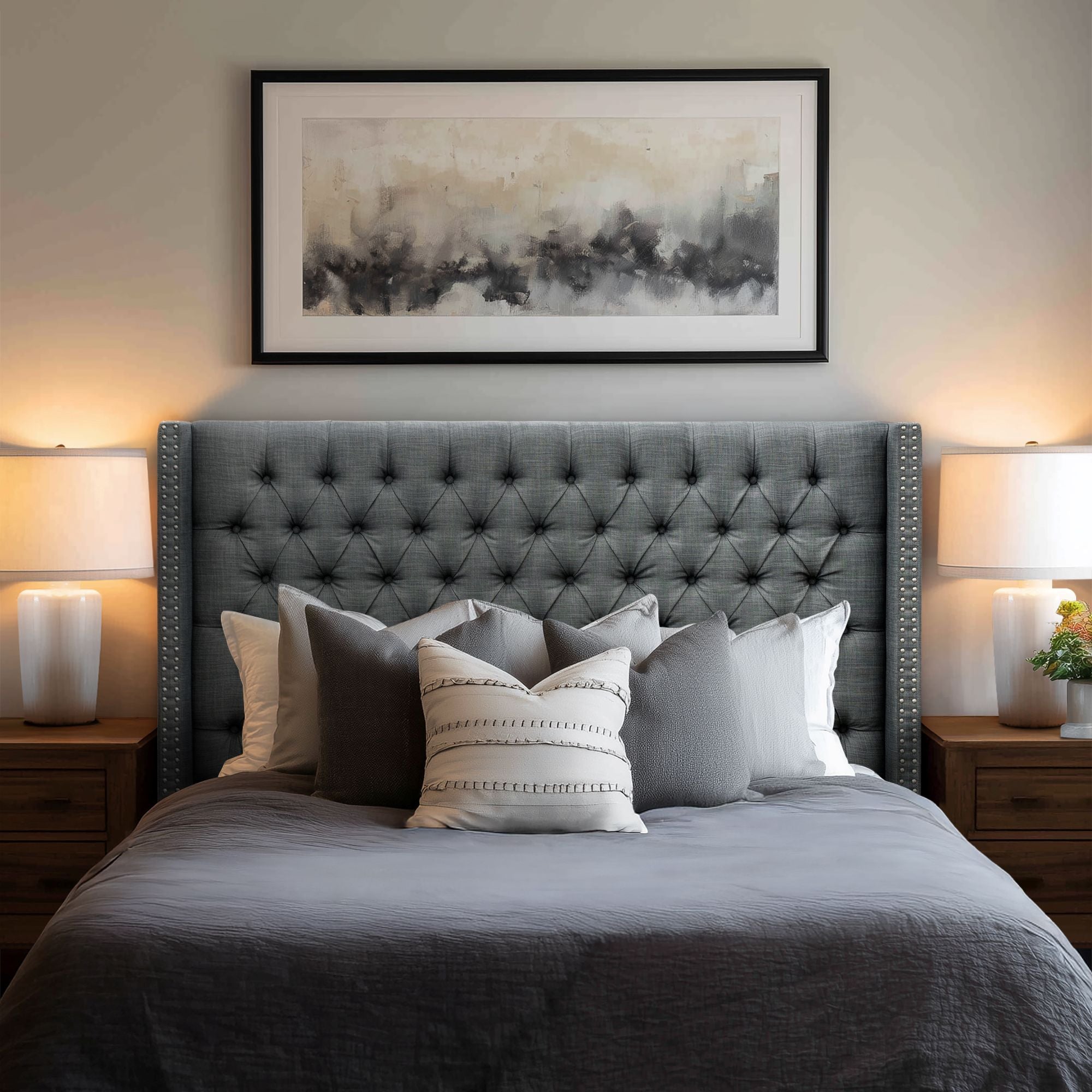 Amelia - Upholstered Wingback Headboard With Button Tufting & Nailhead Trim Woven - Dark Gray