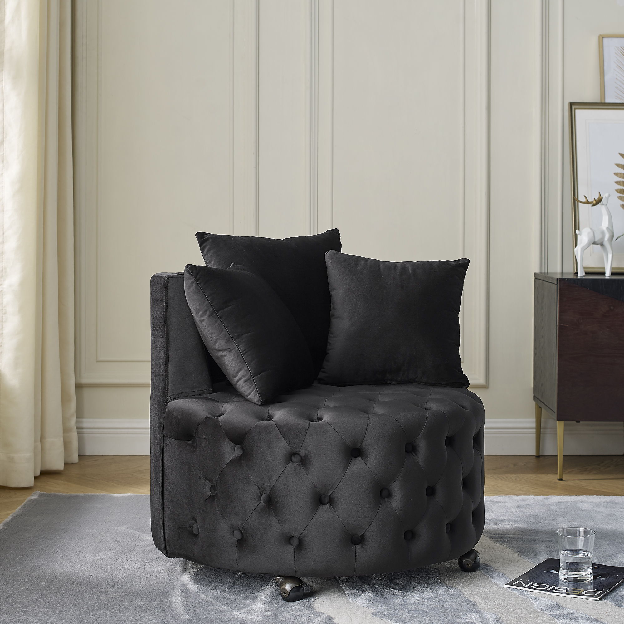 Modern Velvet Upholstered Swivel Chair With Button Tufted Design Movable Wheels 3 Pillows - Black