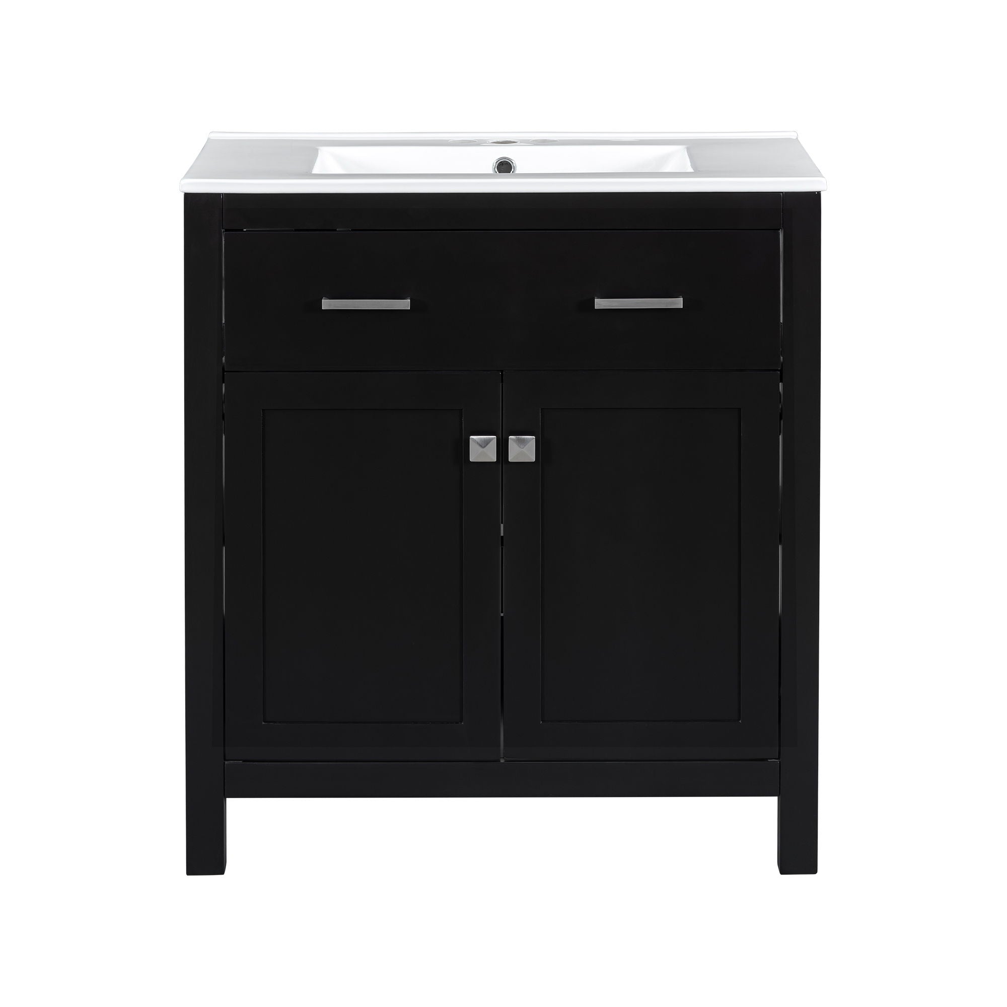 Bathroom Vanity With Ceramic Sink, Modern Single Bathroom Cabinet With 2 Doors And A Shelf, Soft Close Doors