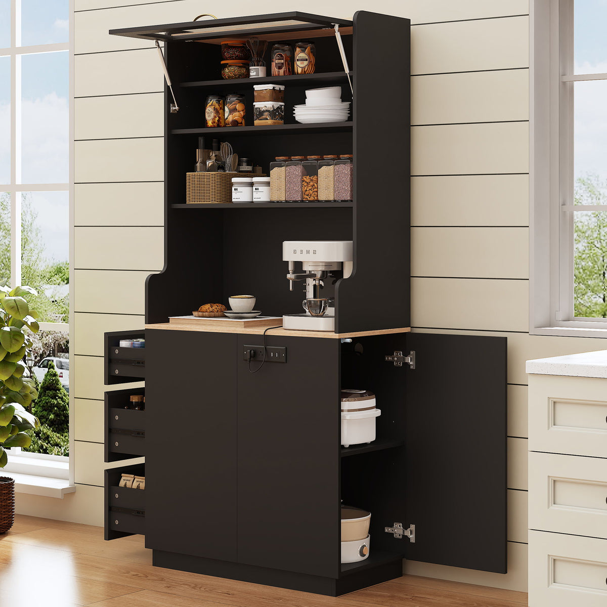 Pantry Cabinet With Hydraulic Flip Top And USB Charging Port