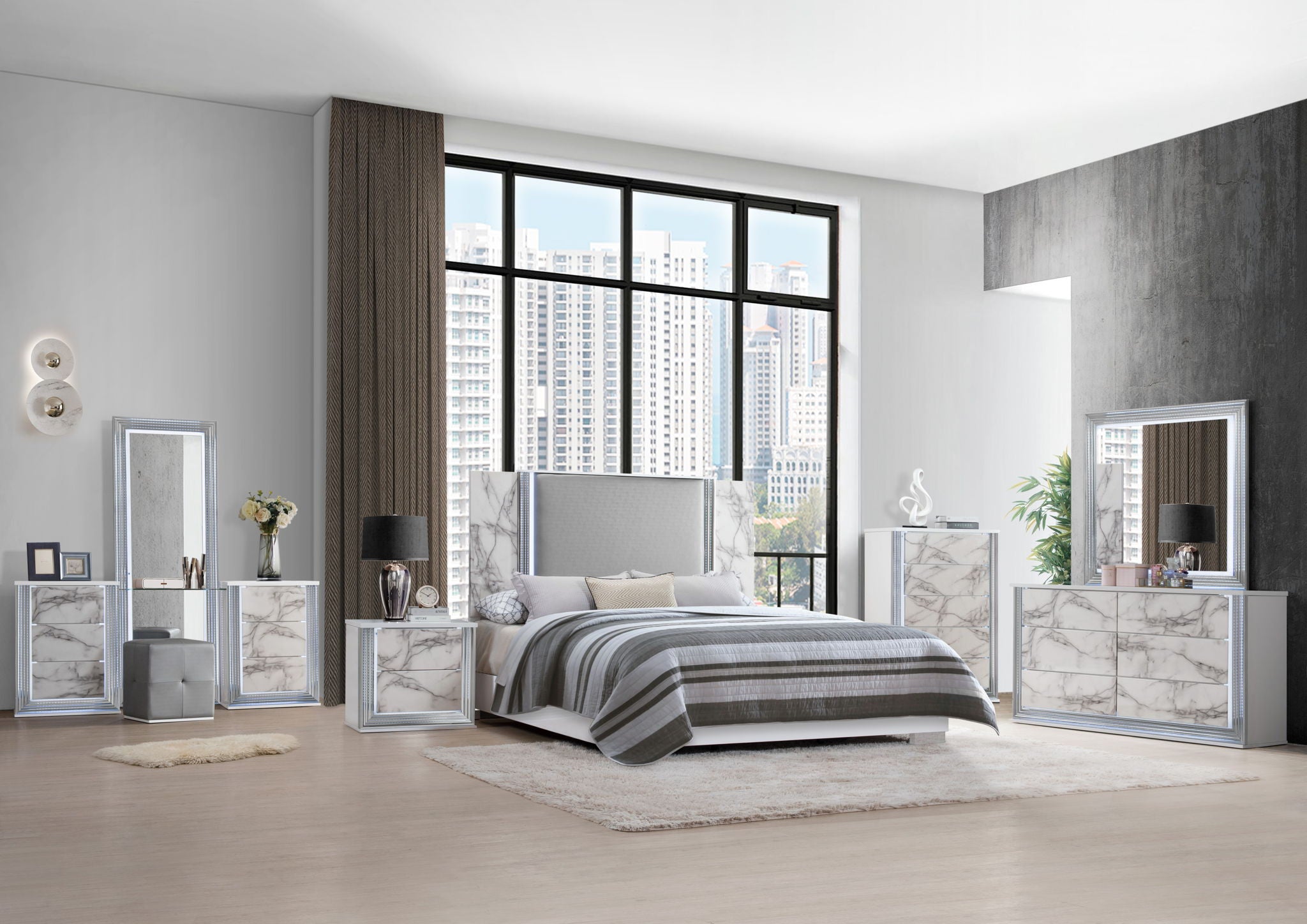 Ylime - King Bed Headboard With LED And Footboard - White