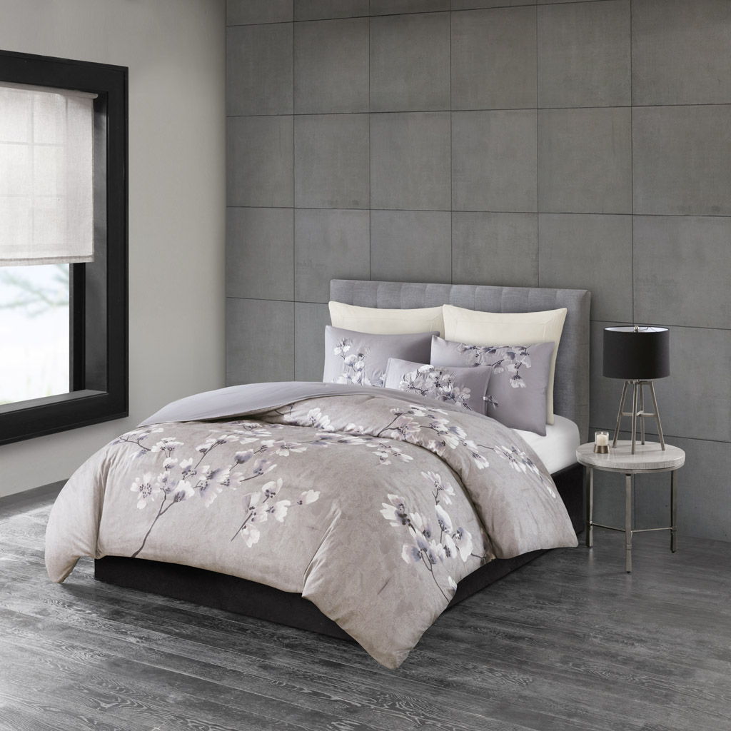 Sakura Blossom - 3 Piece Sateen Printed Comforter Set - Lilac