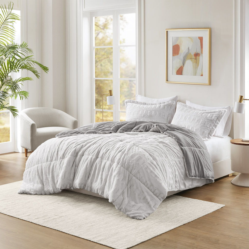 Gia - King Back Print Long Comforter Mini Set - Gray