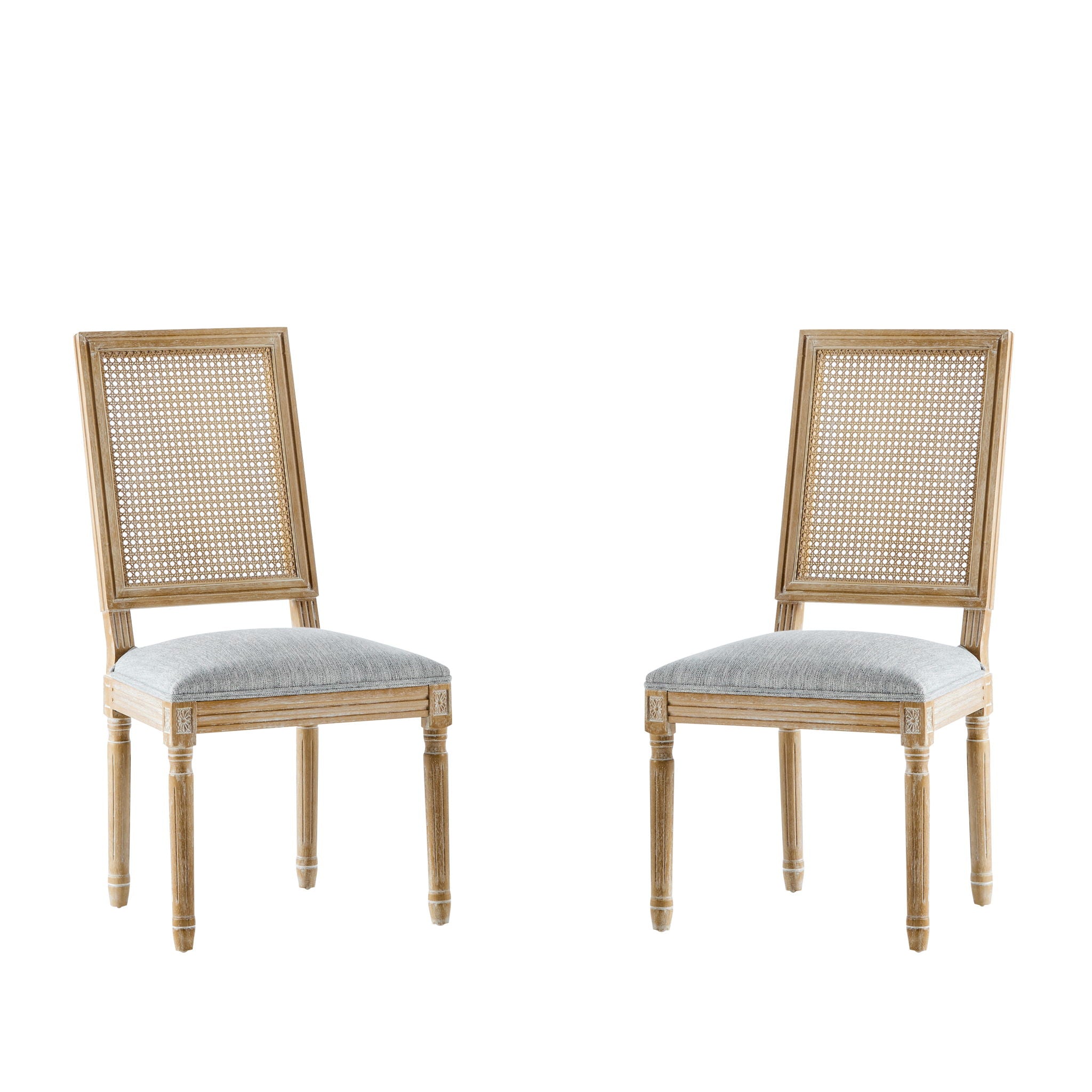 French Country Dining Chair With Rectangular Cane Backrest And Smooth Upholstered Seating
