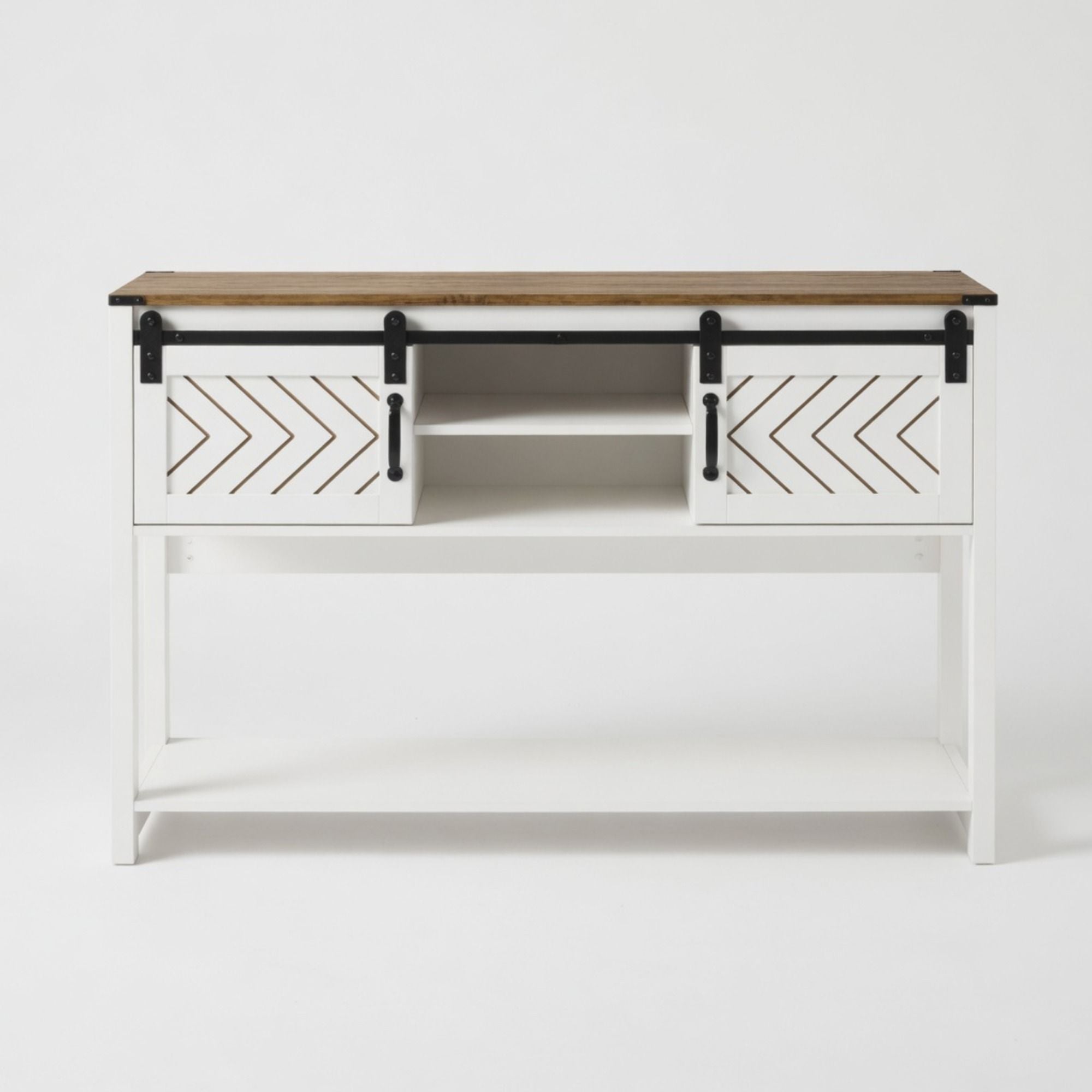 Entryway Table With Sliding Barn Door Storage - White / Oak
