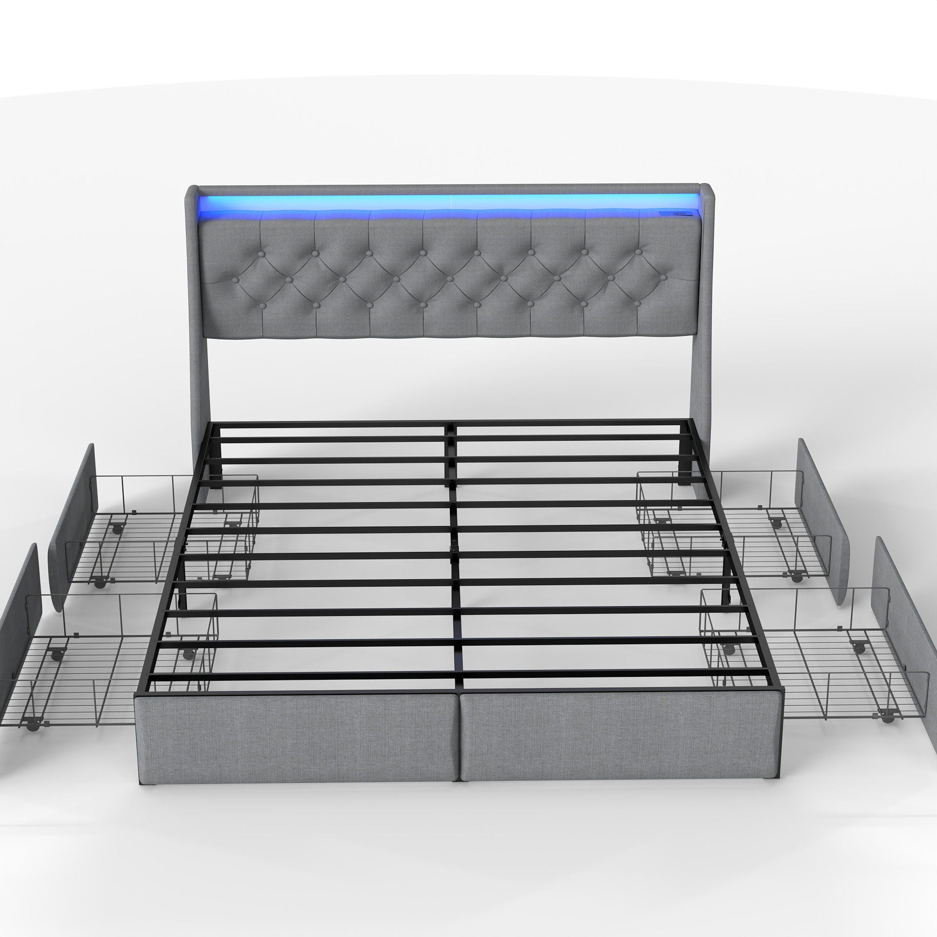 Platform Bed Frame With RGB LED Lights, Charging Station, Storage Headboard & 4 Underbed Drawers
