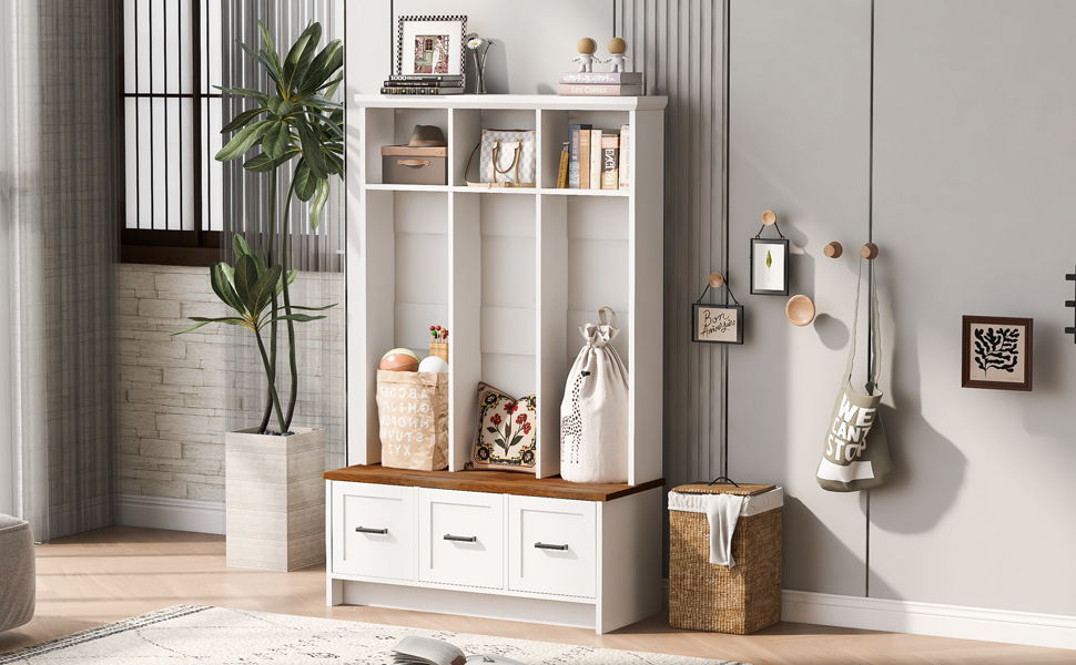 Modern Hall Tree With 3 Shelves And Drawers, Storage Bench