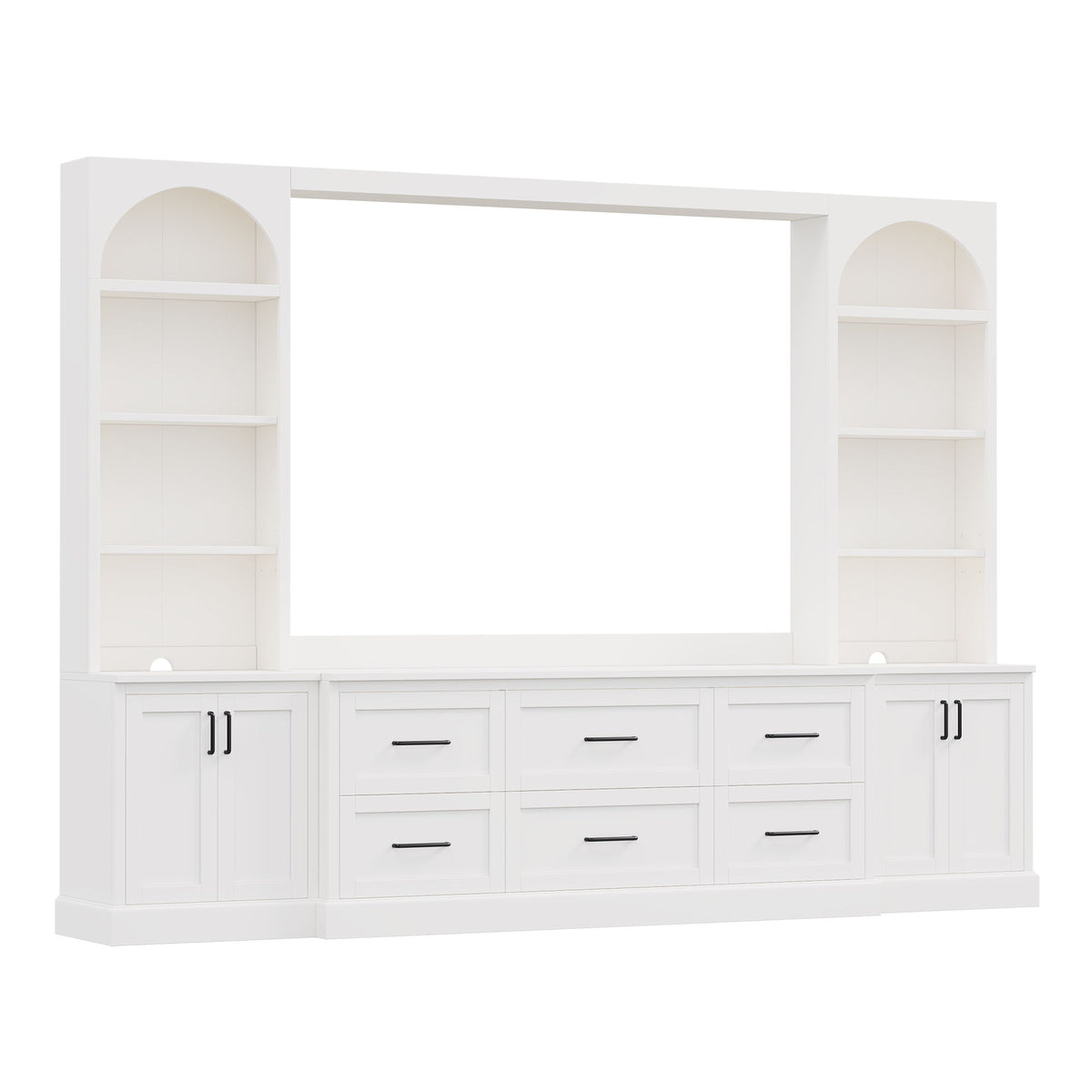 Arched Entertainment Center Wall Unit With 6 Drawers, Large TV Stand With Bookshelves