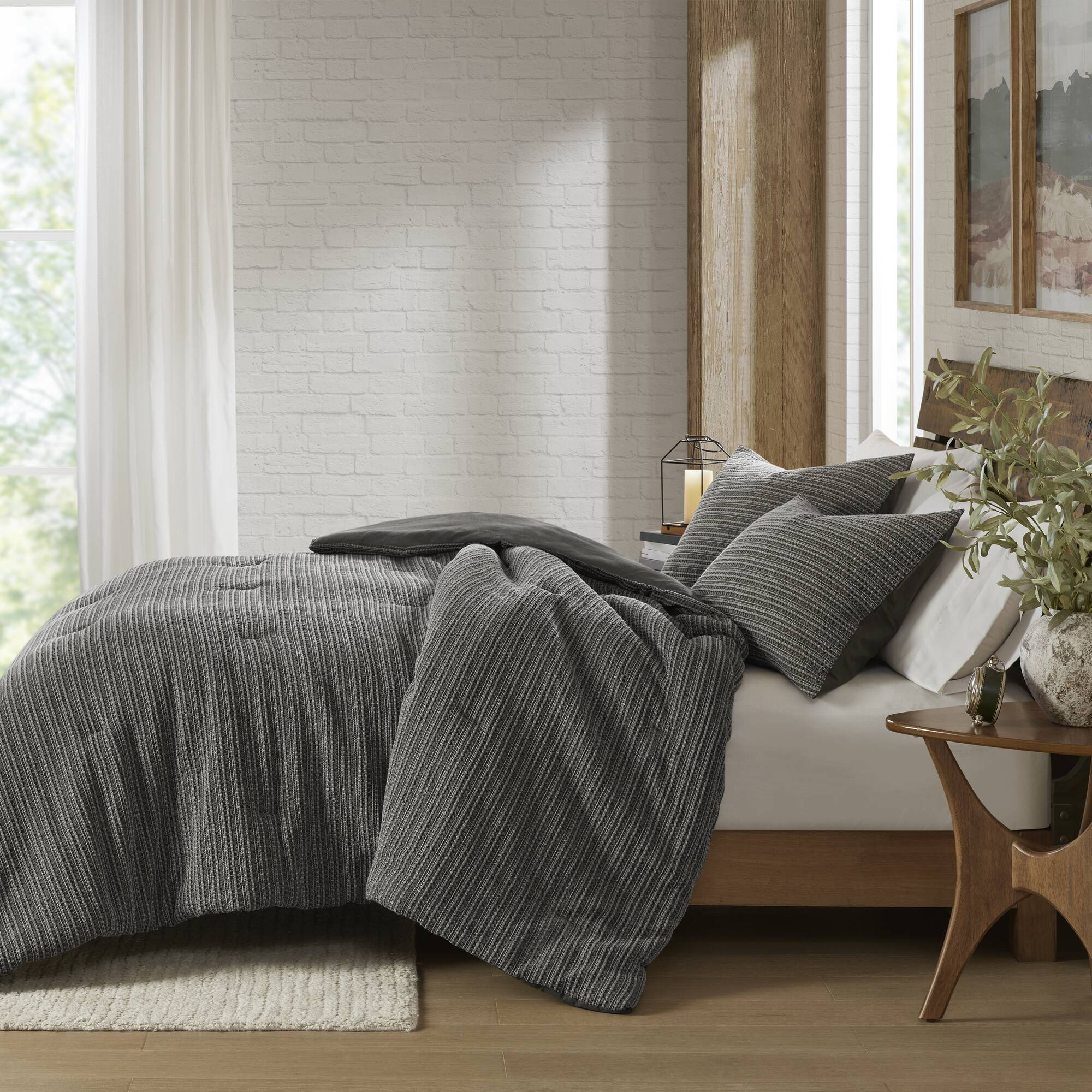 Lyon - 3 Piece Full/Queen Waffle Washed Comforter Set - Charcoal
