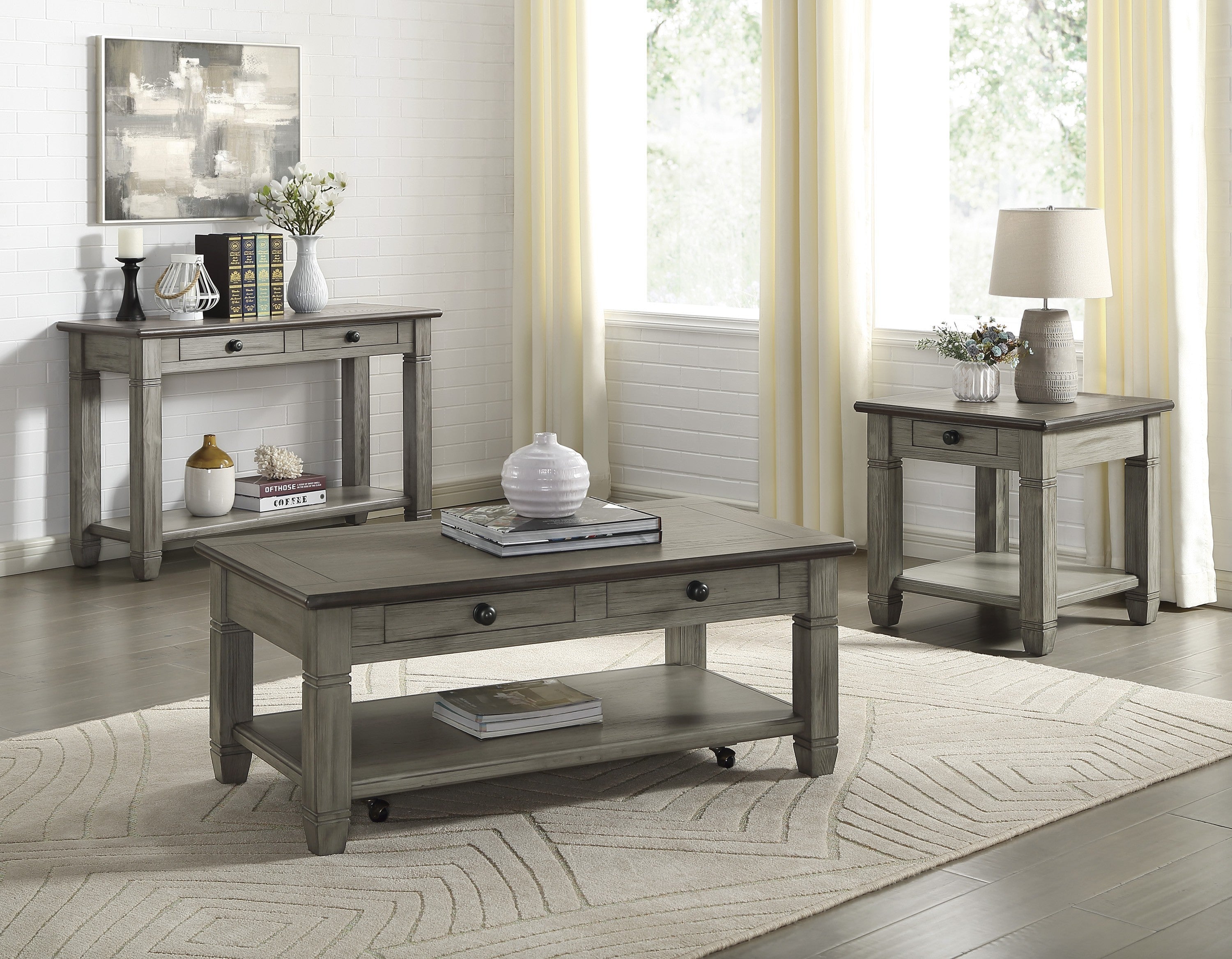 Coffee and Antique Gray Finish 1pc Cocktail Table with Casters 2 Drawers Bottom Shelf Wooden Living Room Furniture