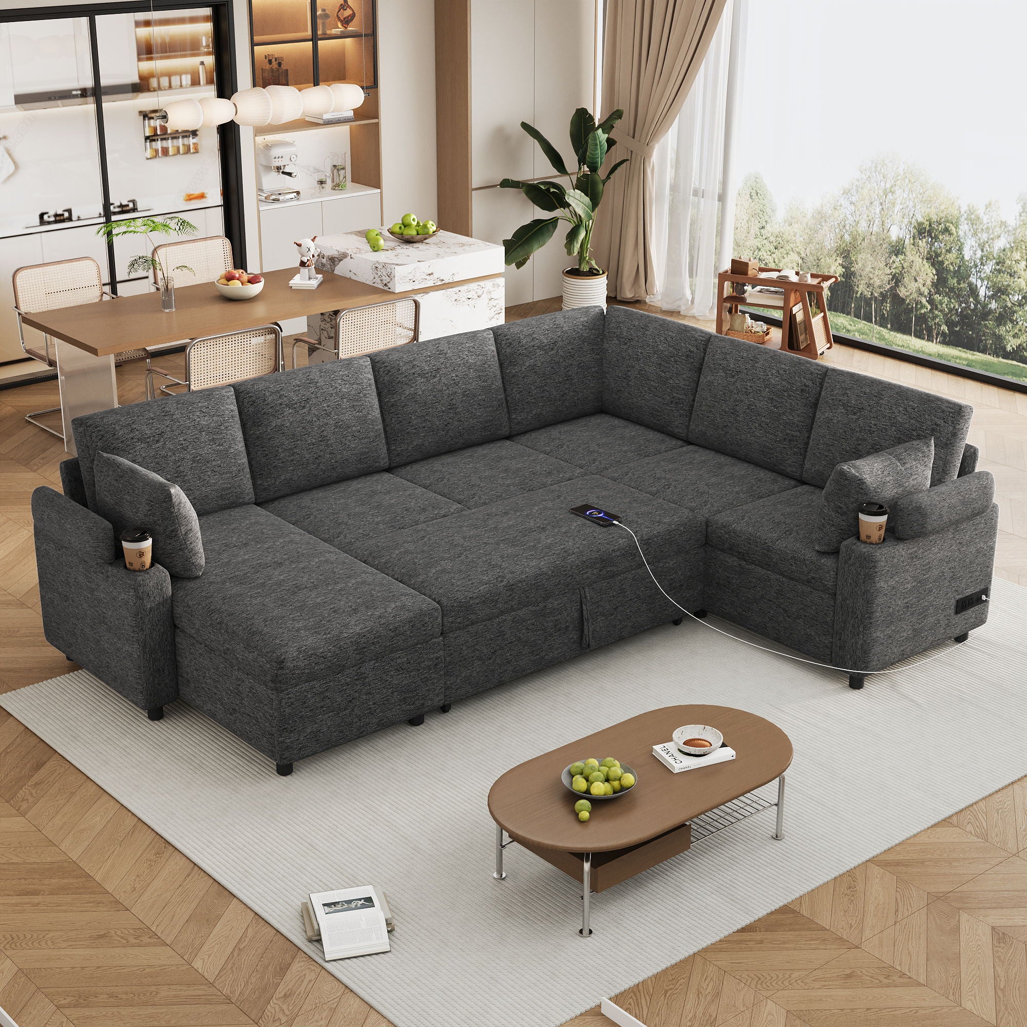 U-Shaped Sectional Sleeper Sofa With Ample Storage Space, 2 Cup Holders And Charging Ports For Living Room