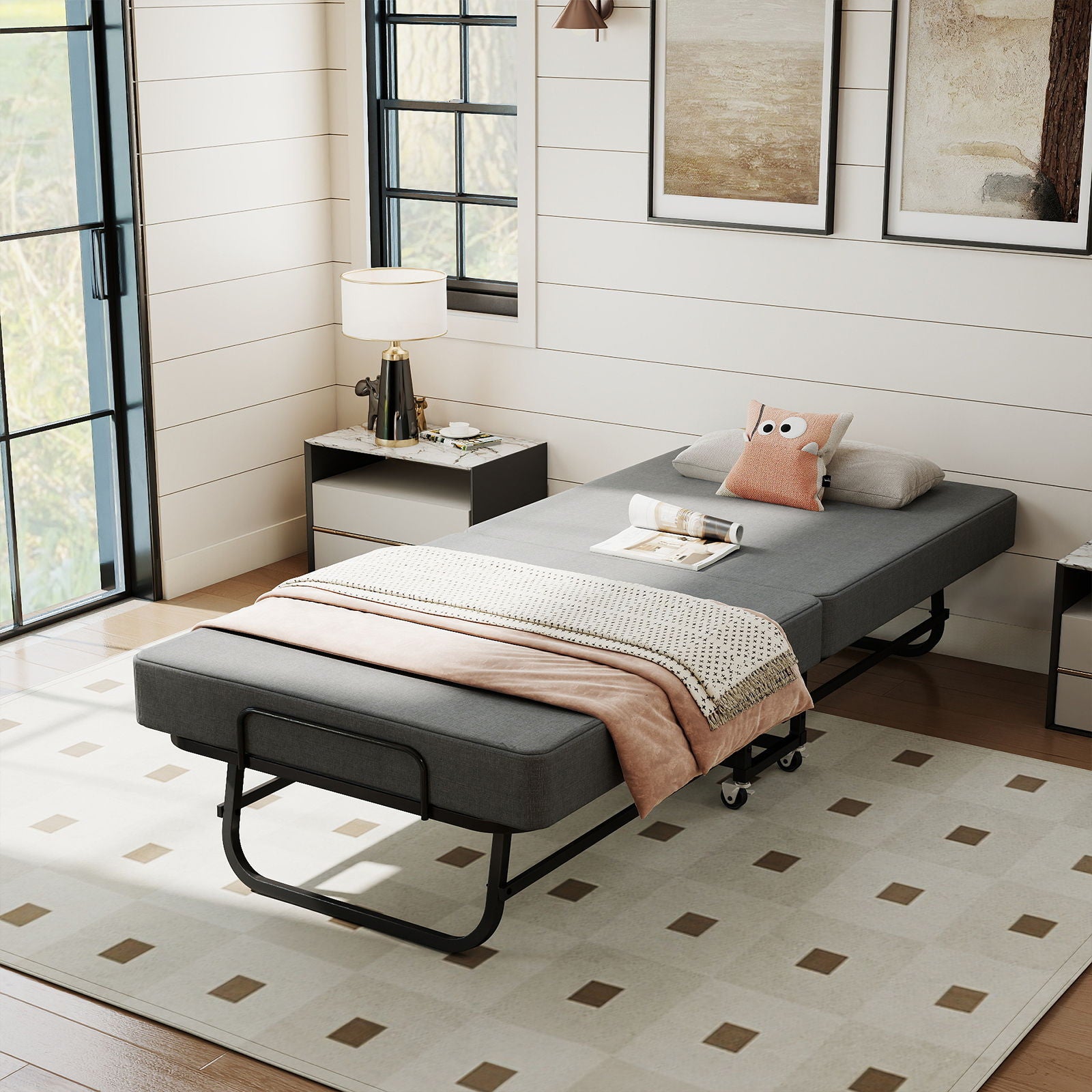 Twin Folding Bed With Memory Foam Mattress, 4 Lockable Wheels - Gray