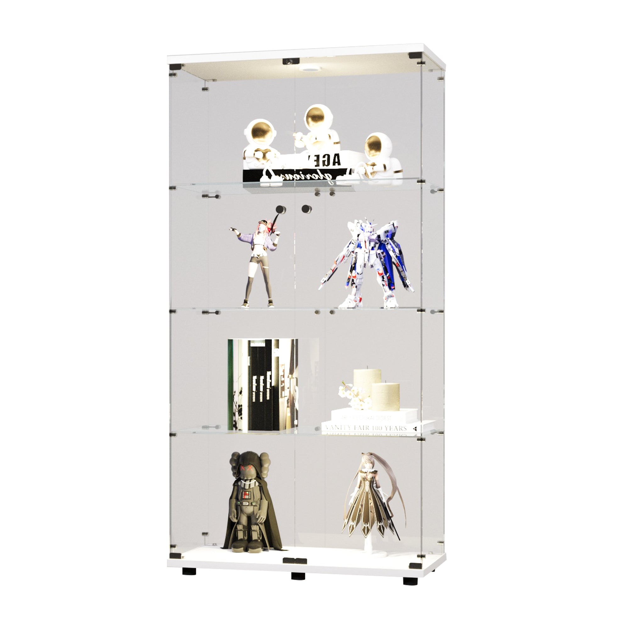 Two-door LED lights Glass Display Cabinet 4 Shelves with Door, Floor Standing Curio Bookshelf for Living Room Bedroom Office, 64.7"*31.7"*14.3", White