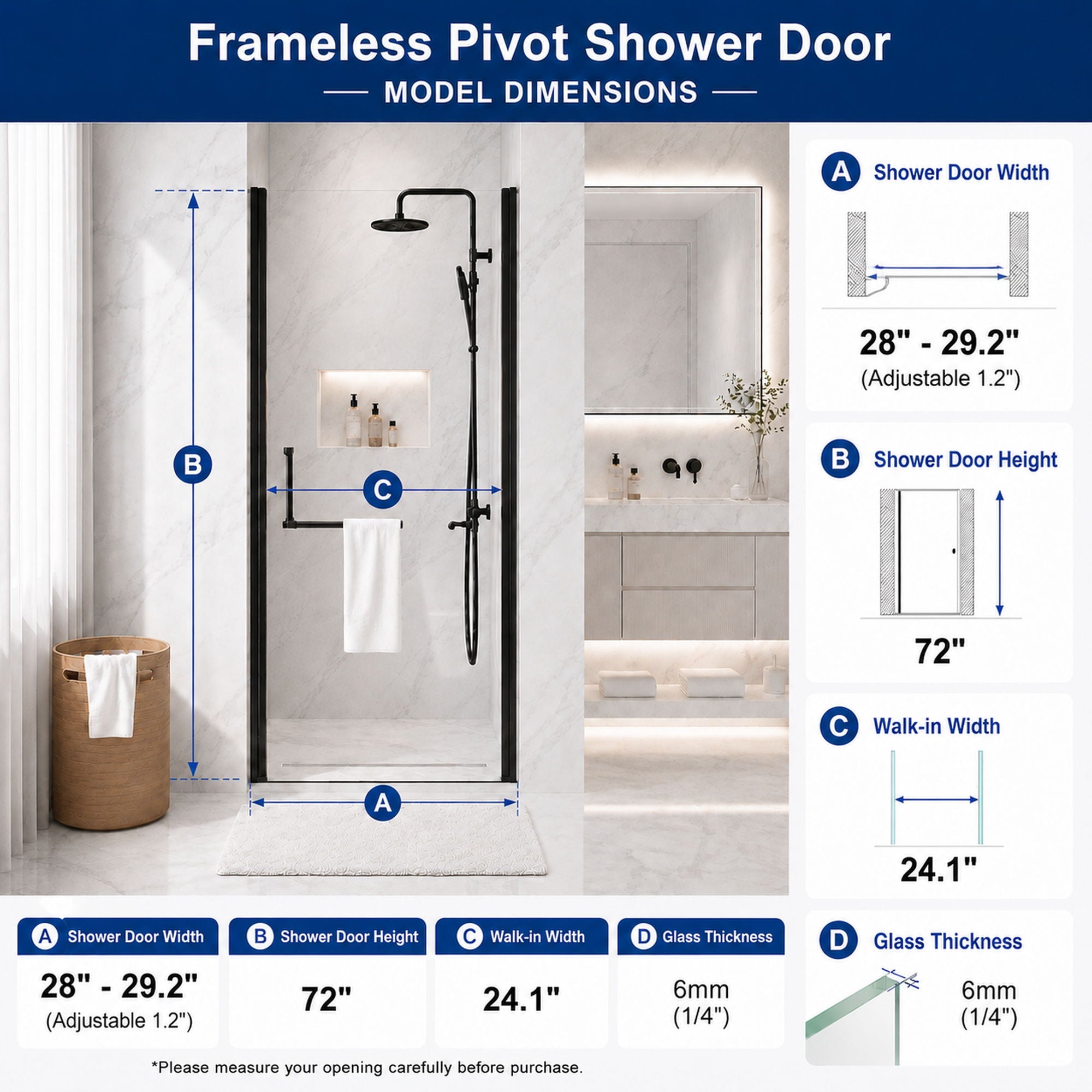 Semi-Frameless Pivot Shower Door With Adjustable Width, Reversible Installation