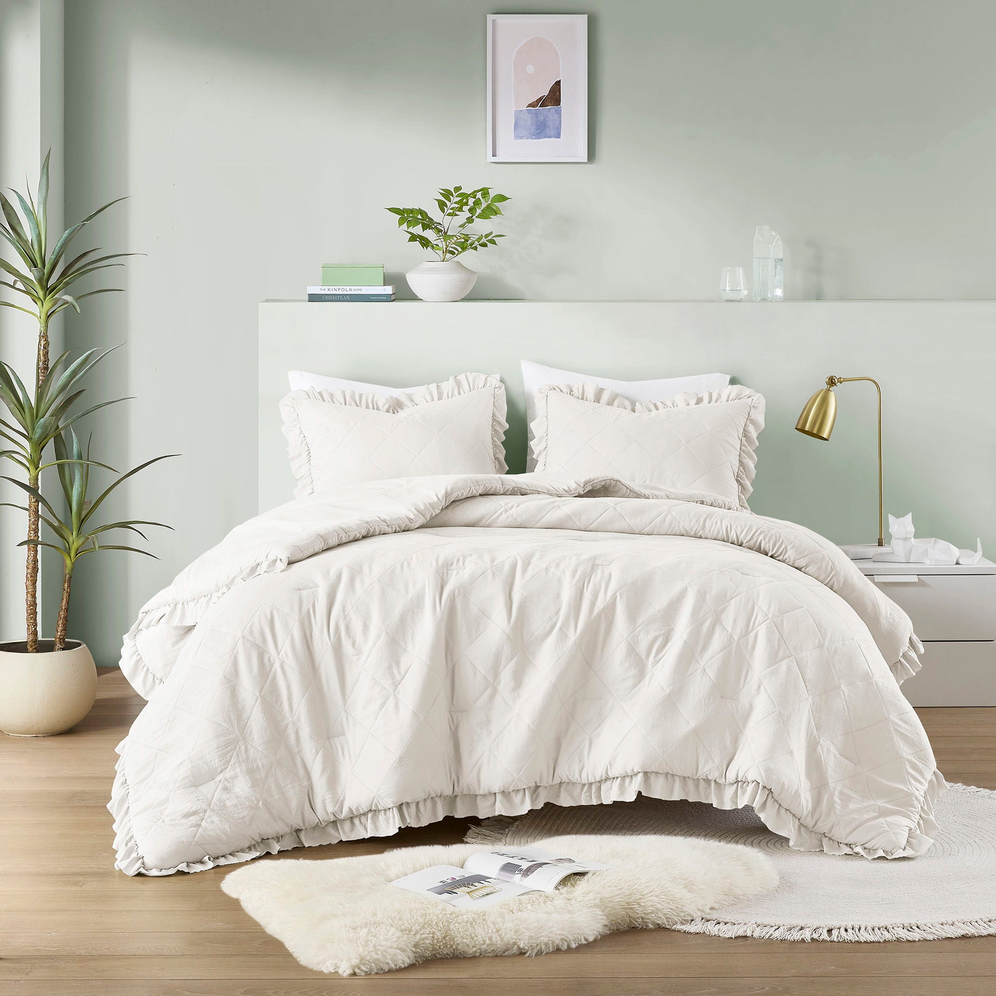 Phoebe - Full/Queen Diamond Quilted Ruffle Edge Comforter Set - Ivory