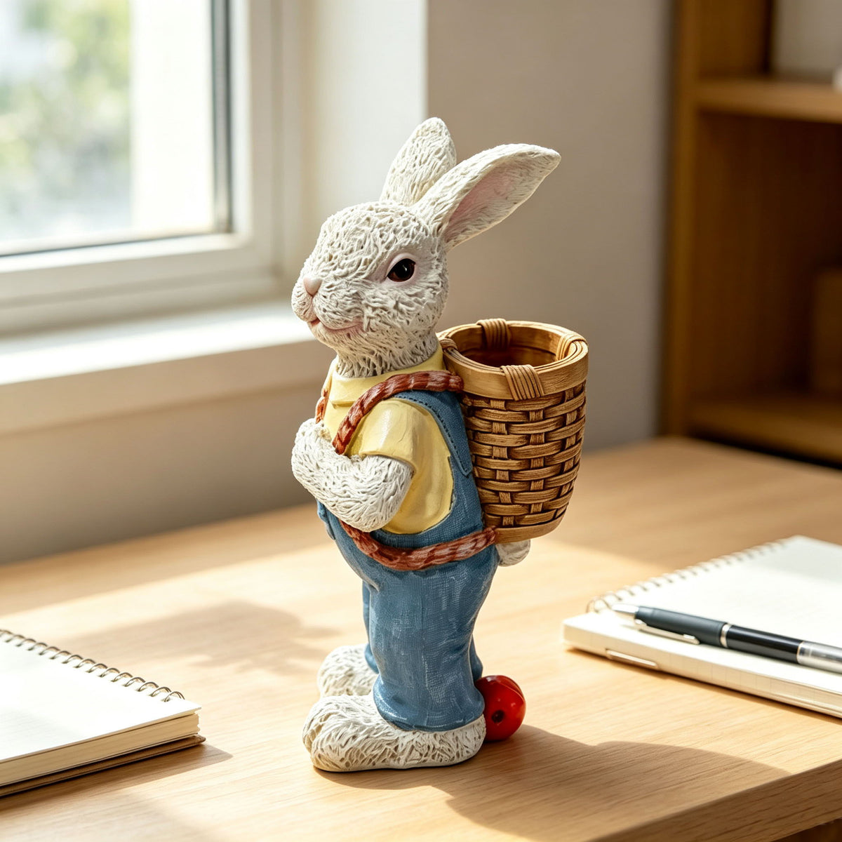 Simulated Couple Rabbit Statue Flower Pot Ornament, Resin Garden Sculpture Decor - Blue / White